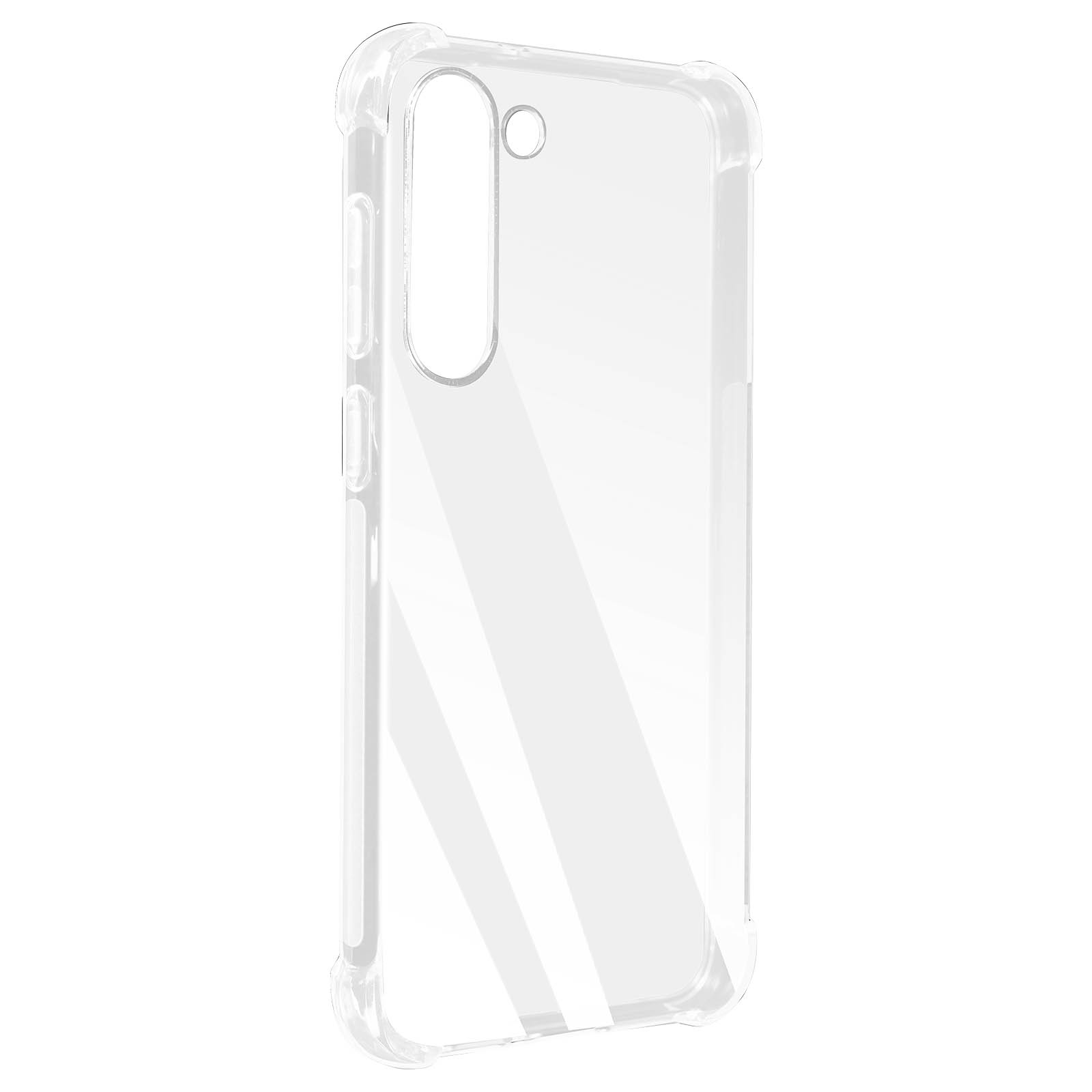Custodia trasparente per telefono, mostra la forma del telefono, con sfondo bianco.