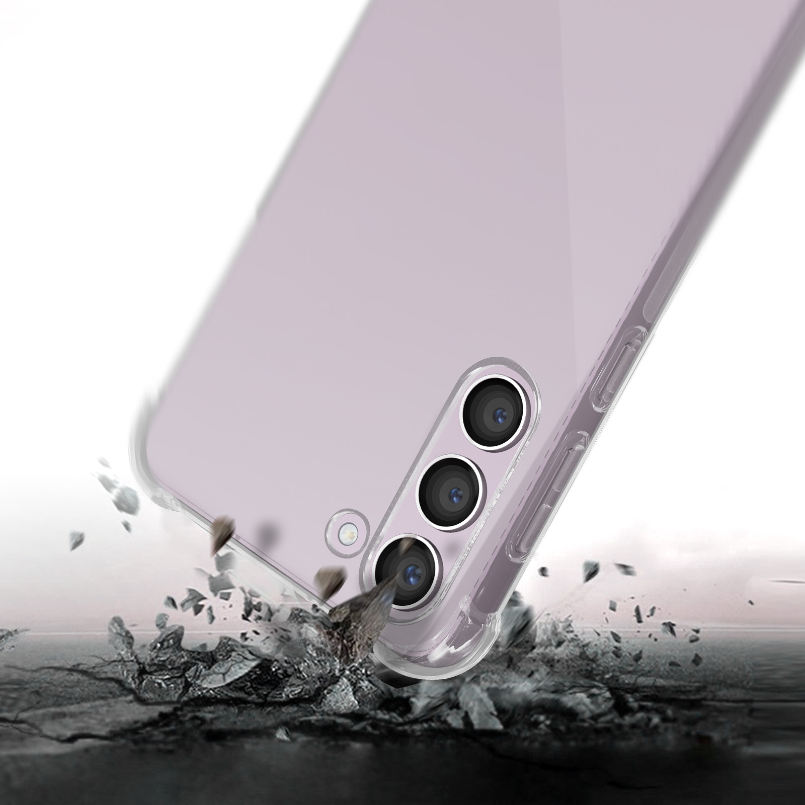 Una custodia trasparente per telefono su una superficie, incrinata, con la fotocamera del telefono visibile.