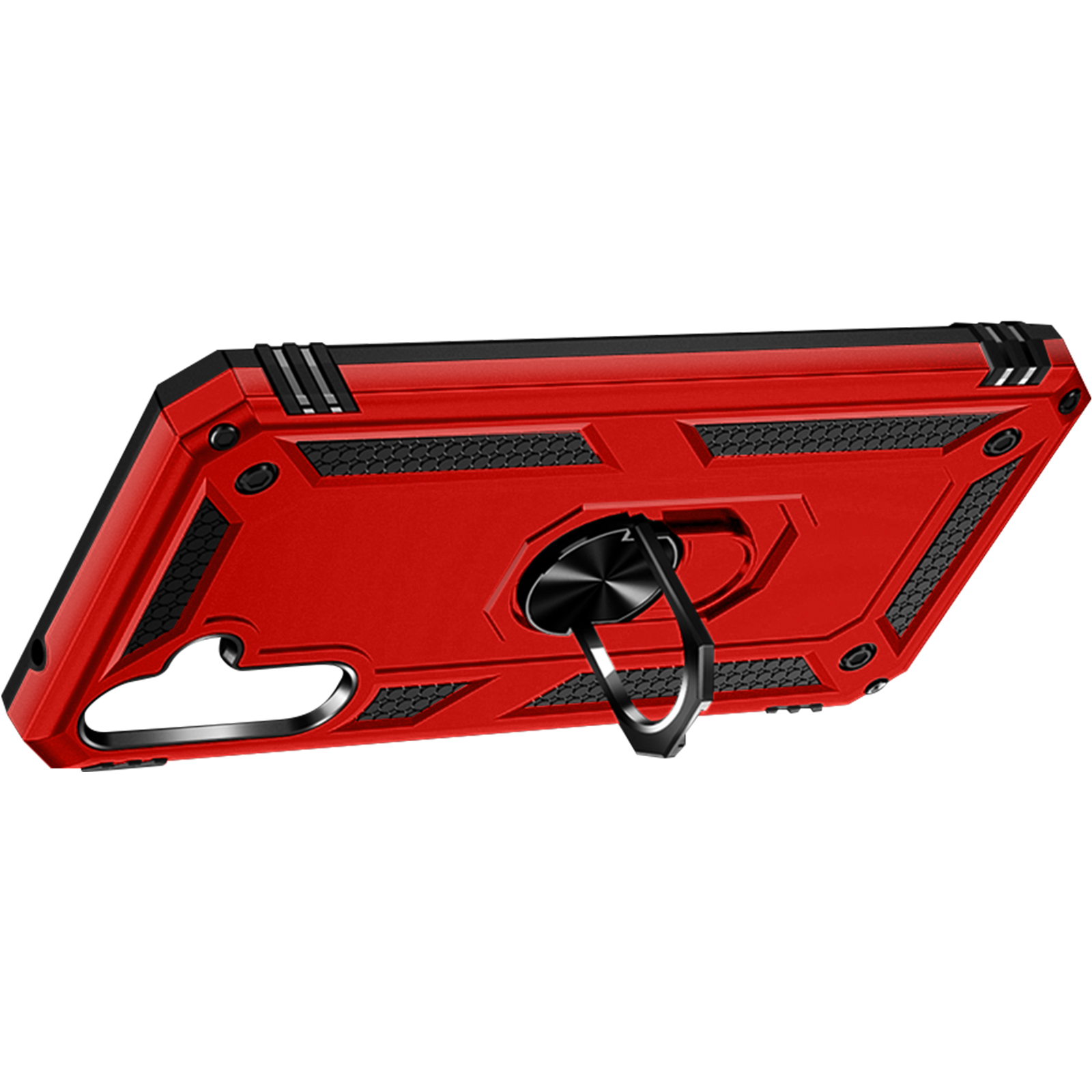 Coque de téléphone rouge et noire avec support d'anneau. Le fond est blanc et la coque est orientée vers le haut.