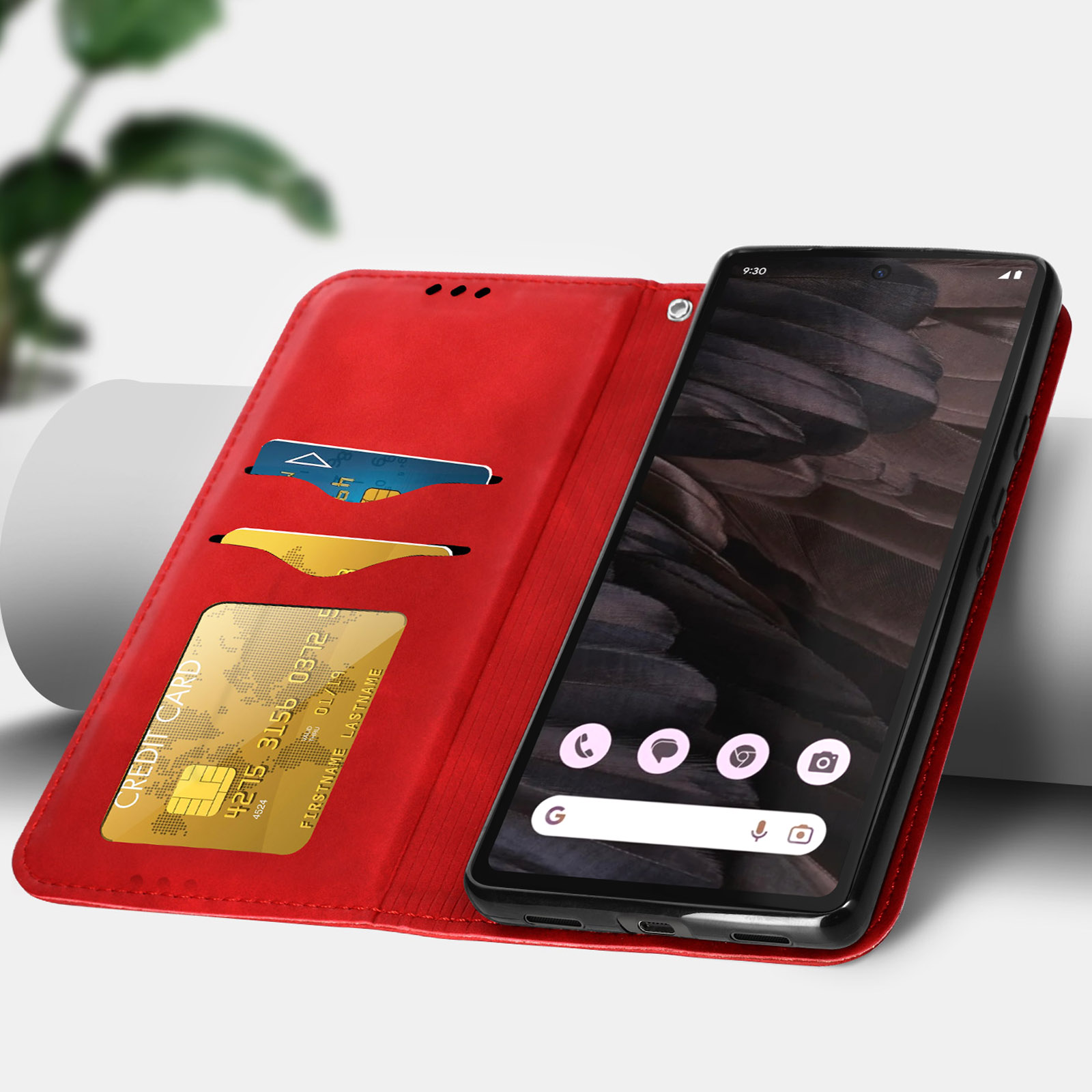 Custodia a portafoglio rossa con telefono. All'interno, carta di credito e fessura visibile.