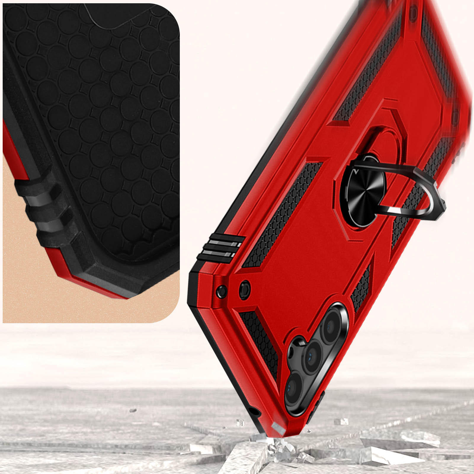 Une coque de téléphone rouge avec un support d'anneau, montrant l'arrière d'un téléphone et ses détails.