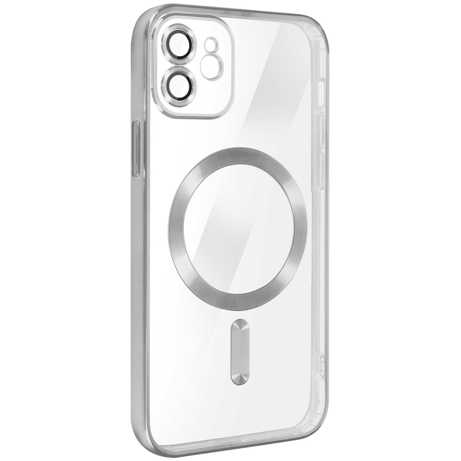 Funda transparente para teléfono con un círculo plateado. La funda es transparente. Recorte cámara.