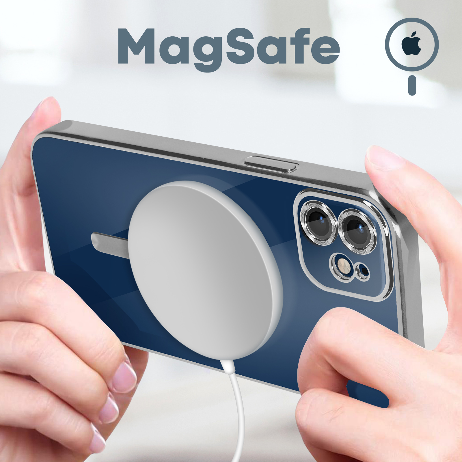 Un teléfono con un cargador MagSafe adjunto. El cargador es blanco y el teléfono es azul.