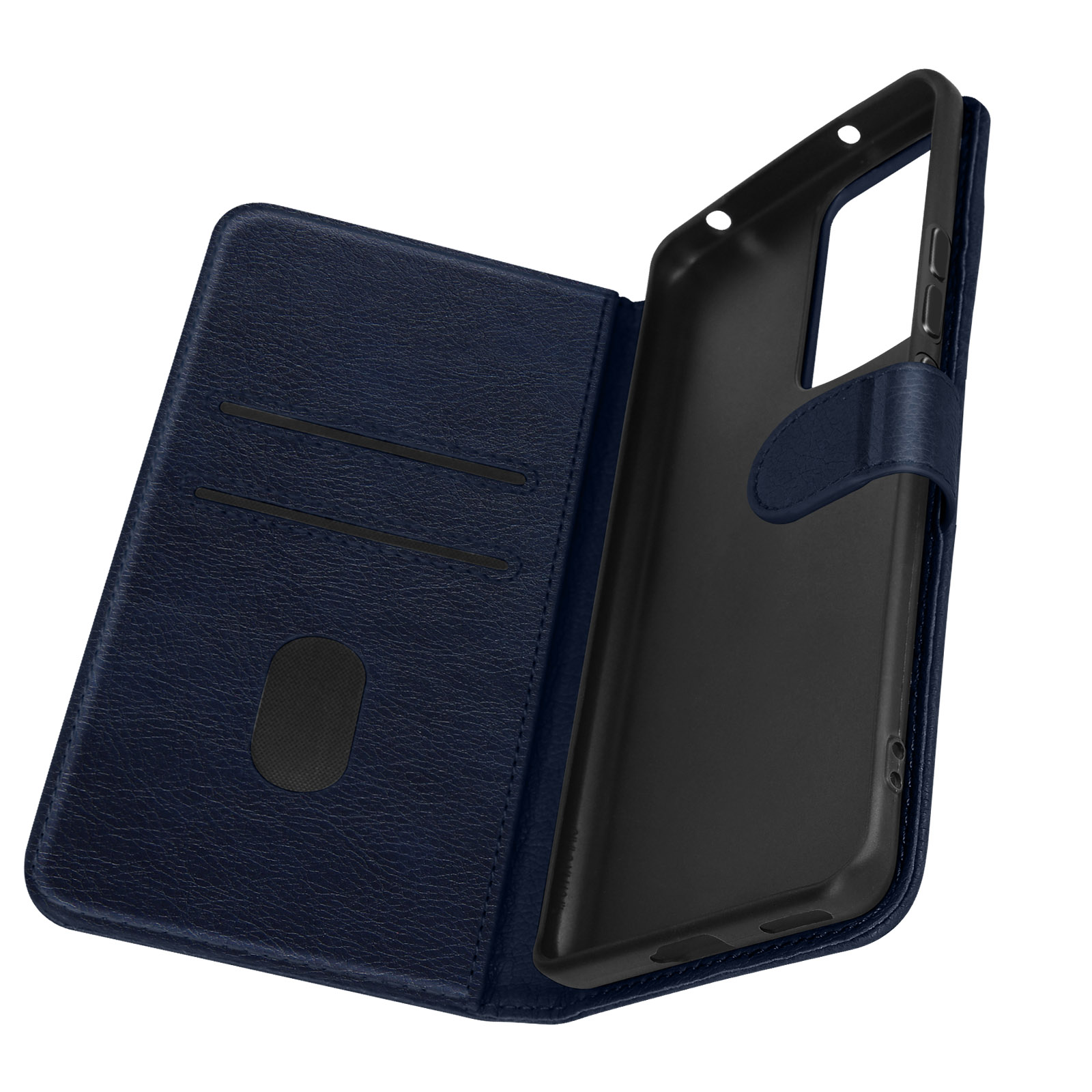 Blaue Handyhülle im Brieftaschenstil geöffnet.