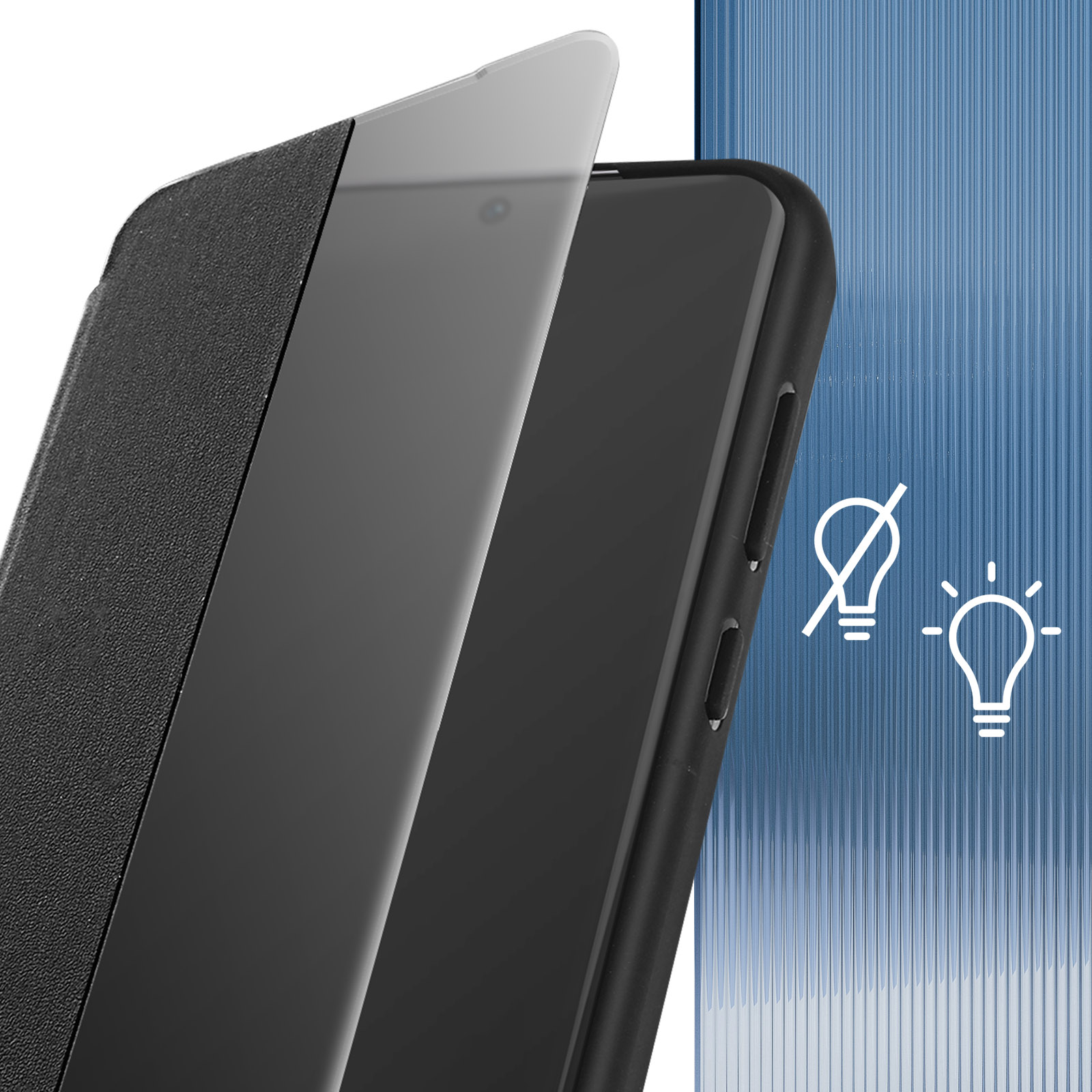 Custodia nera per telefono con coperchio aperto. Icone luce e non luce sullo sfondo.