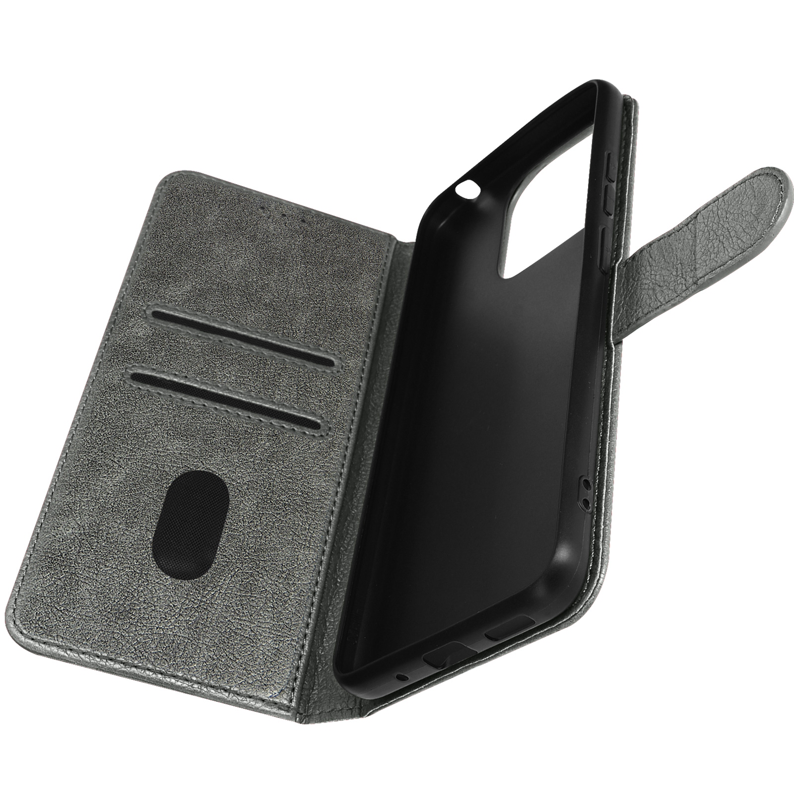 Graue Handyhülle, offen, mit Kartenfächern und Telefonhalter.