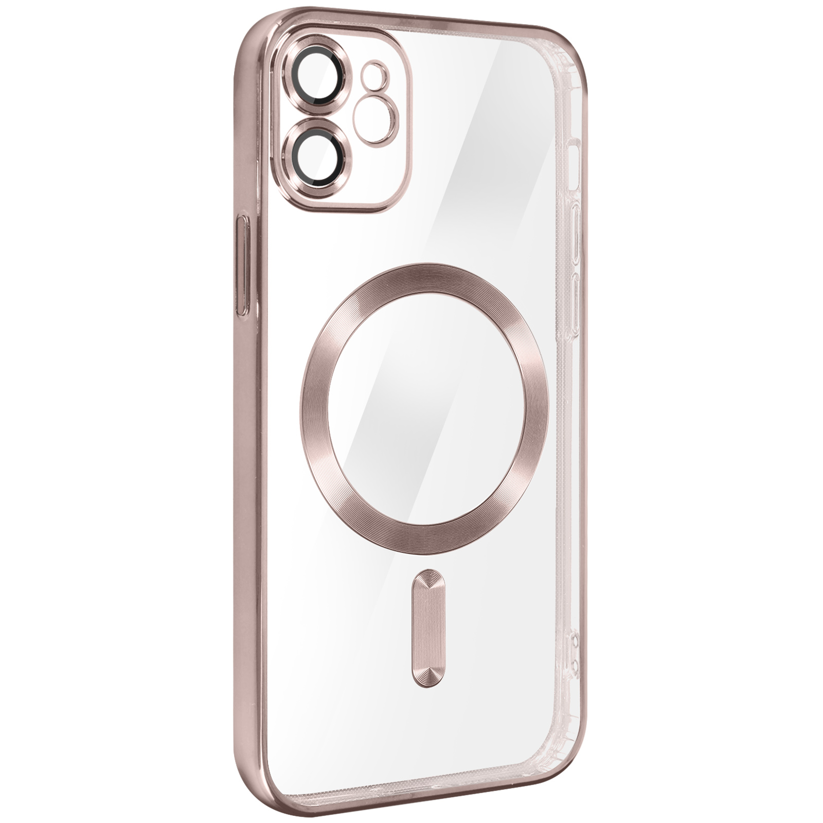Custodia trasparente per telefono con bordo oro rosa. Mostra l'area della fotocamera e un cerchio.