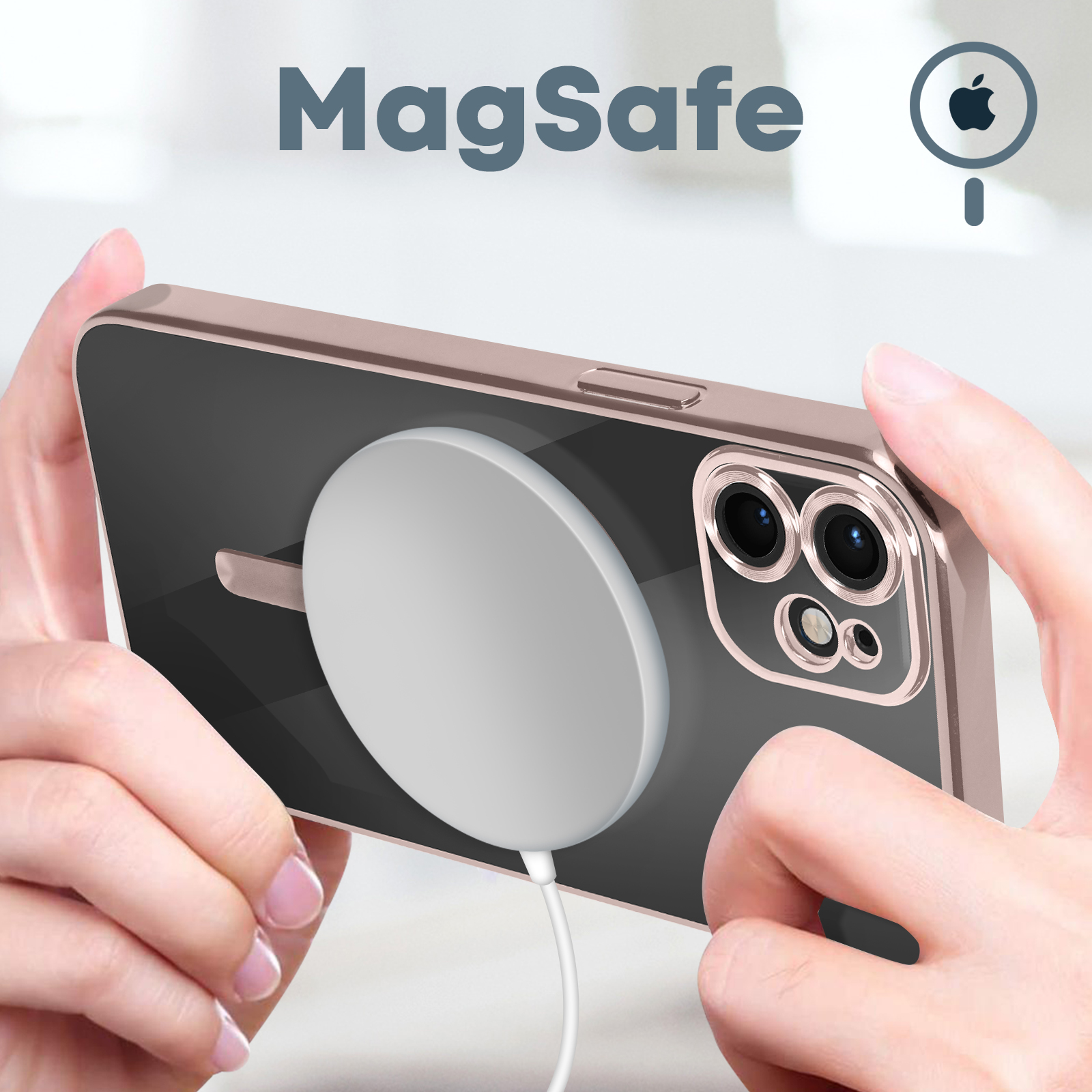 Un telefono con un caricabatterie magsafe collegato. Il telefono è oro rosa e il caricabatterie è bianco.