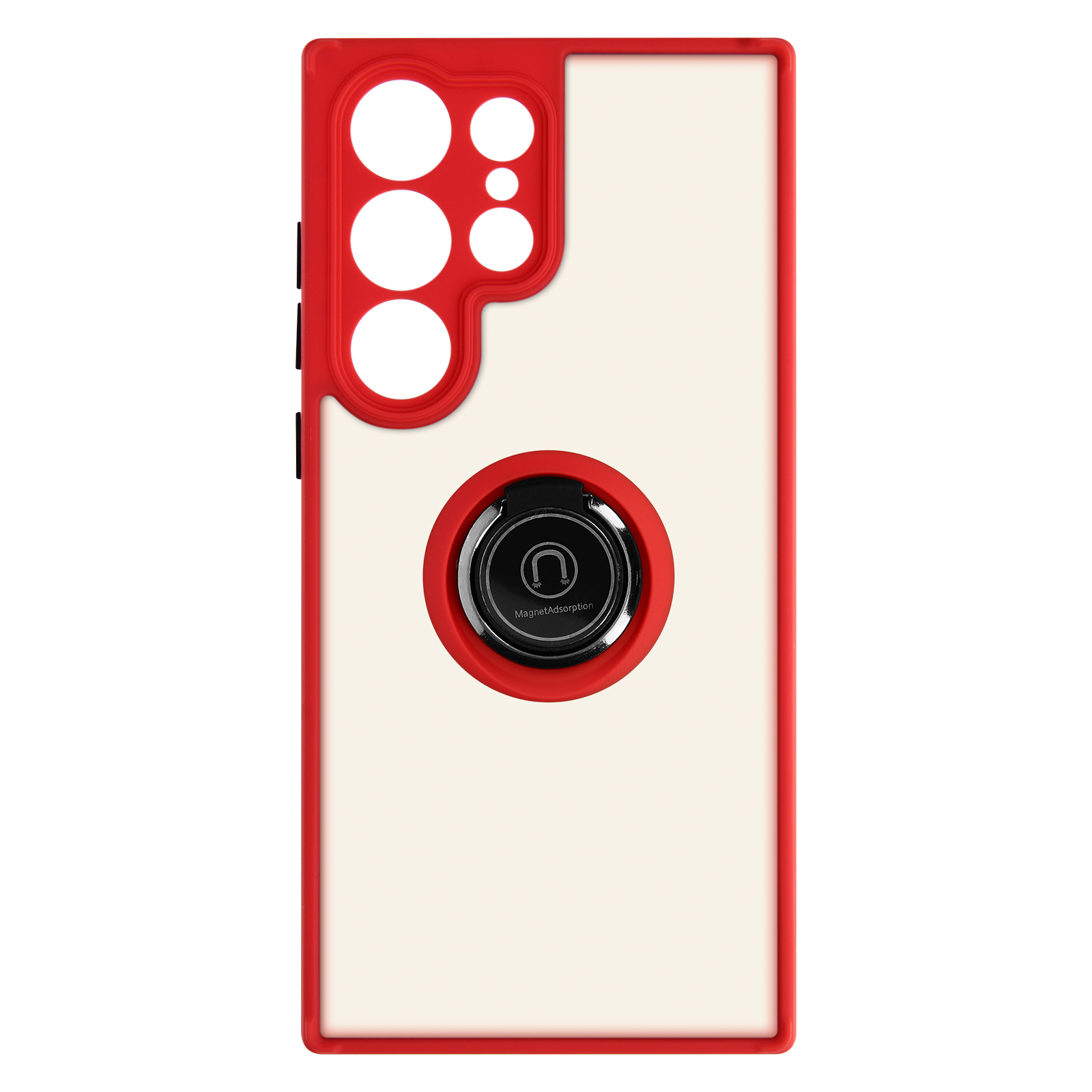 Custodia rossa per telefono con anello di supporto. Retro bianco sporco. Sfondo bianco.