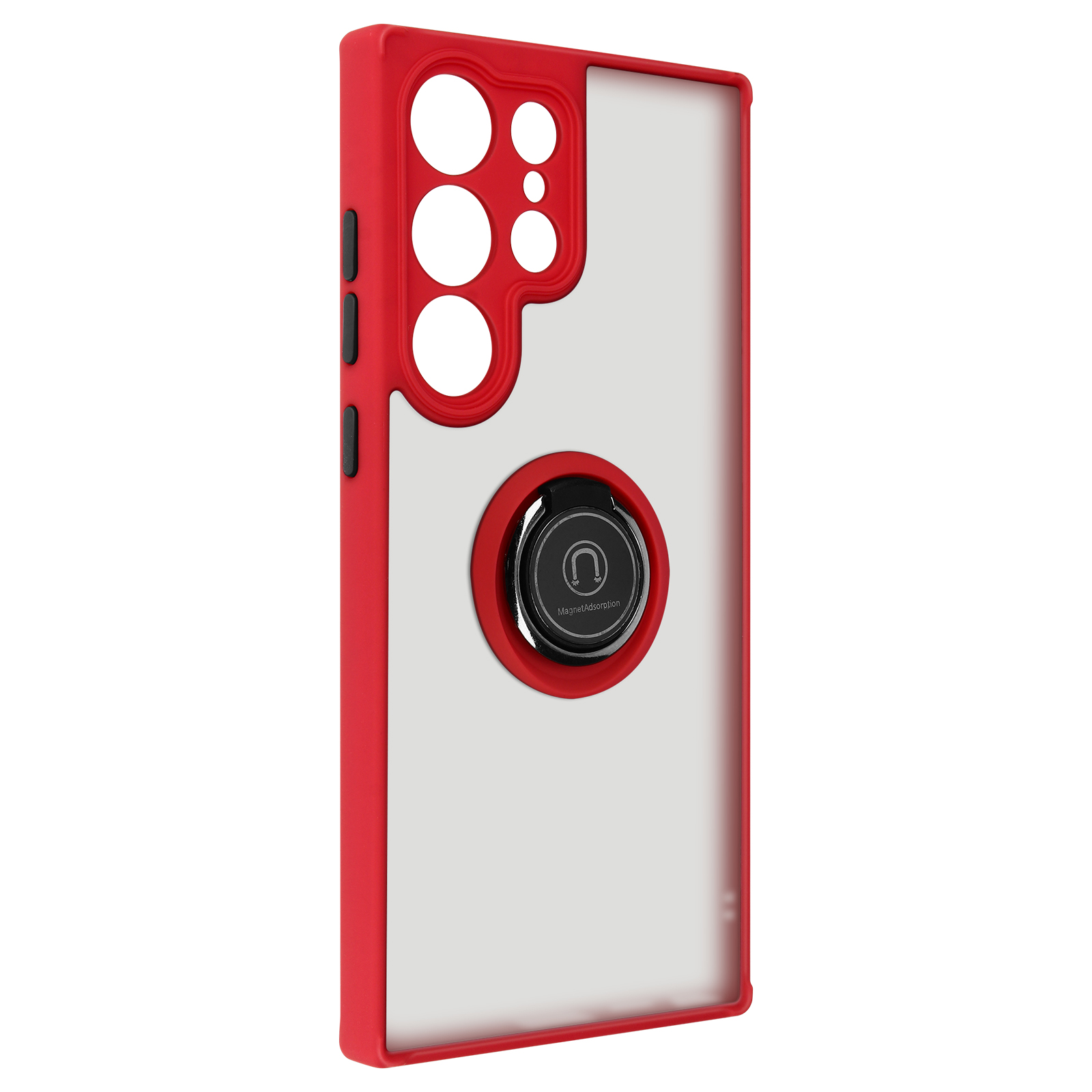 Custodia per telefono rossa con anello di supporto, retro bianco e dettagli neri su sfondo bianco.