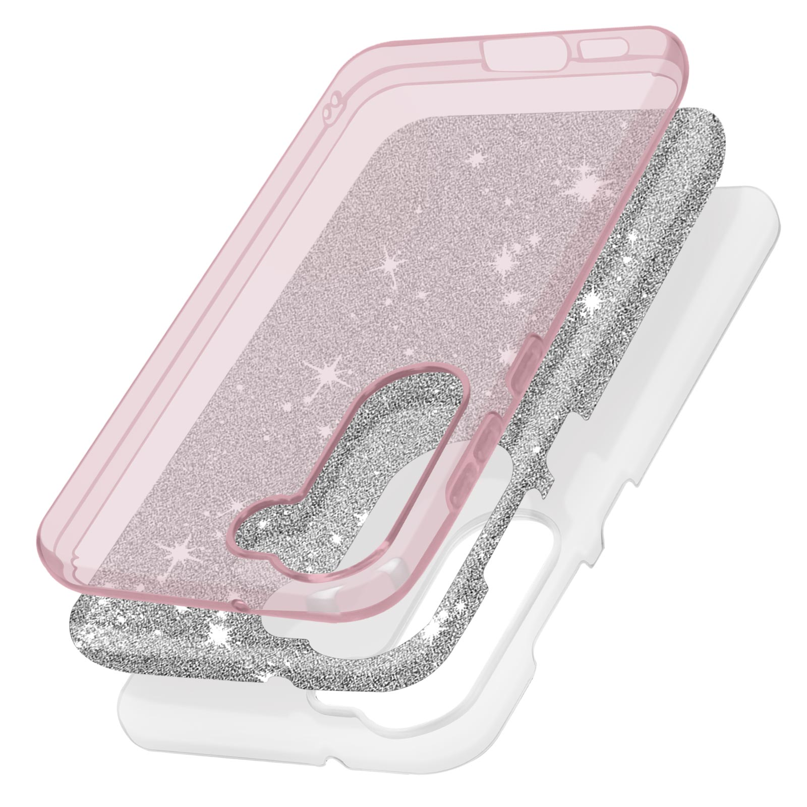 Custodia per telefono rosa e argento che mostra gli strati. Strati di glitter e una cornice rosa trasparente.