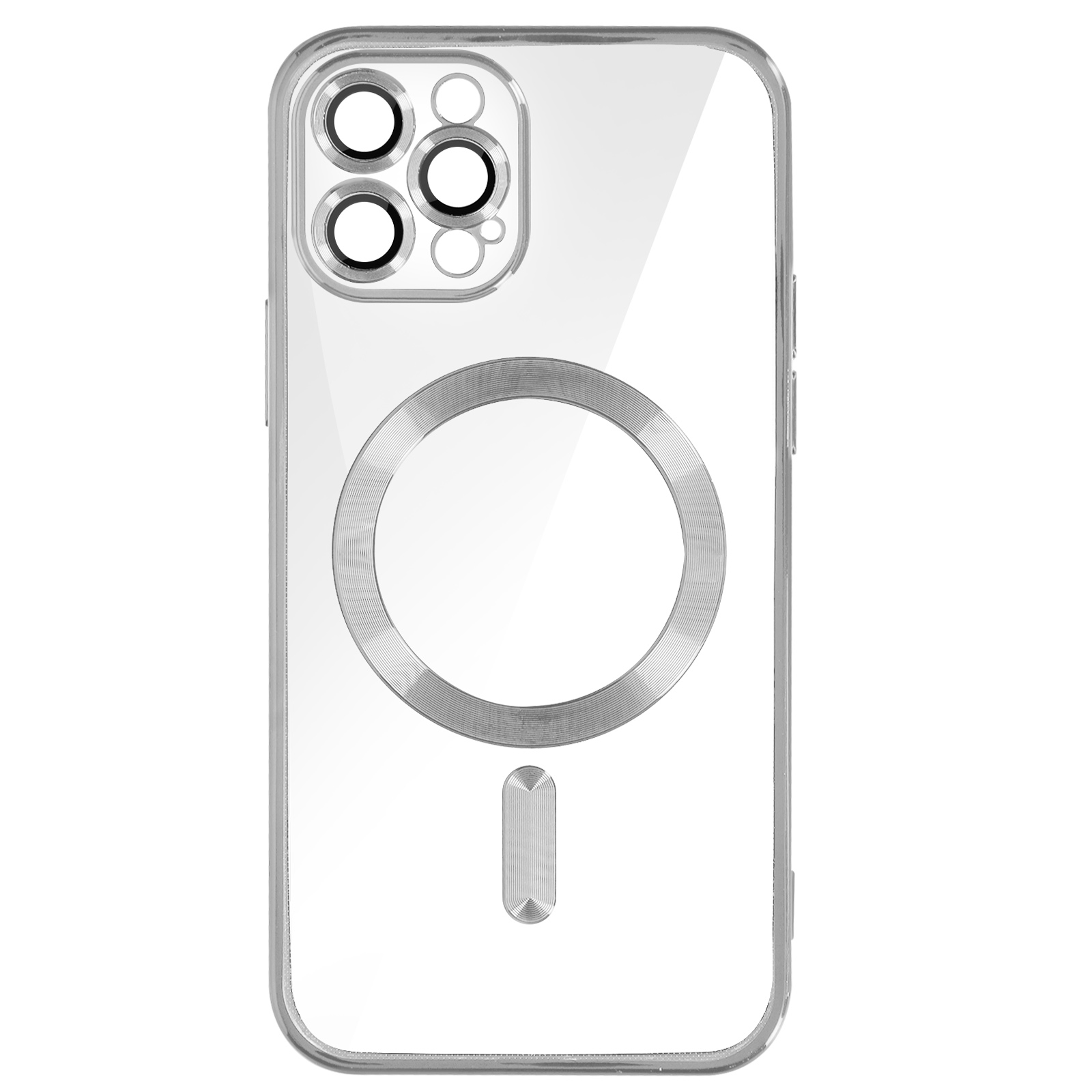 Custodia trasparente per telefono, vista posteriore. Anello magnetico argentato e piccolo rettangolo argentato. Fori per fotocamera.