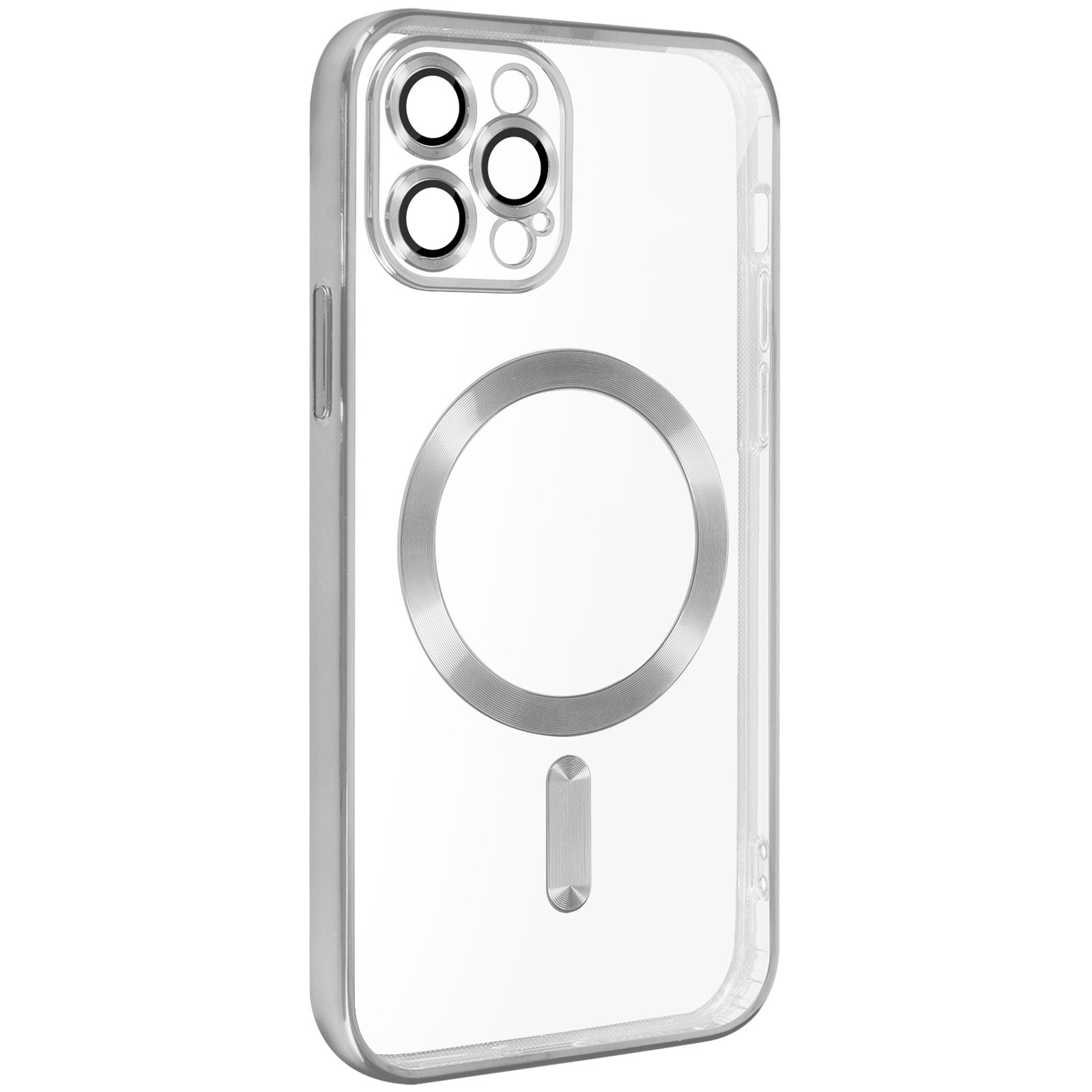 Una custodia trasparente per telefono con ritagli per la fotocamera e un anello magnetico argentato.