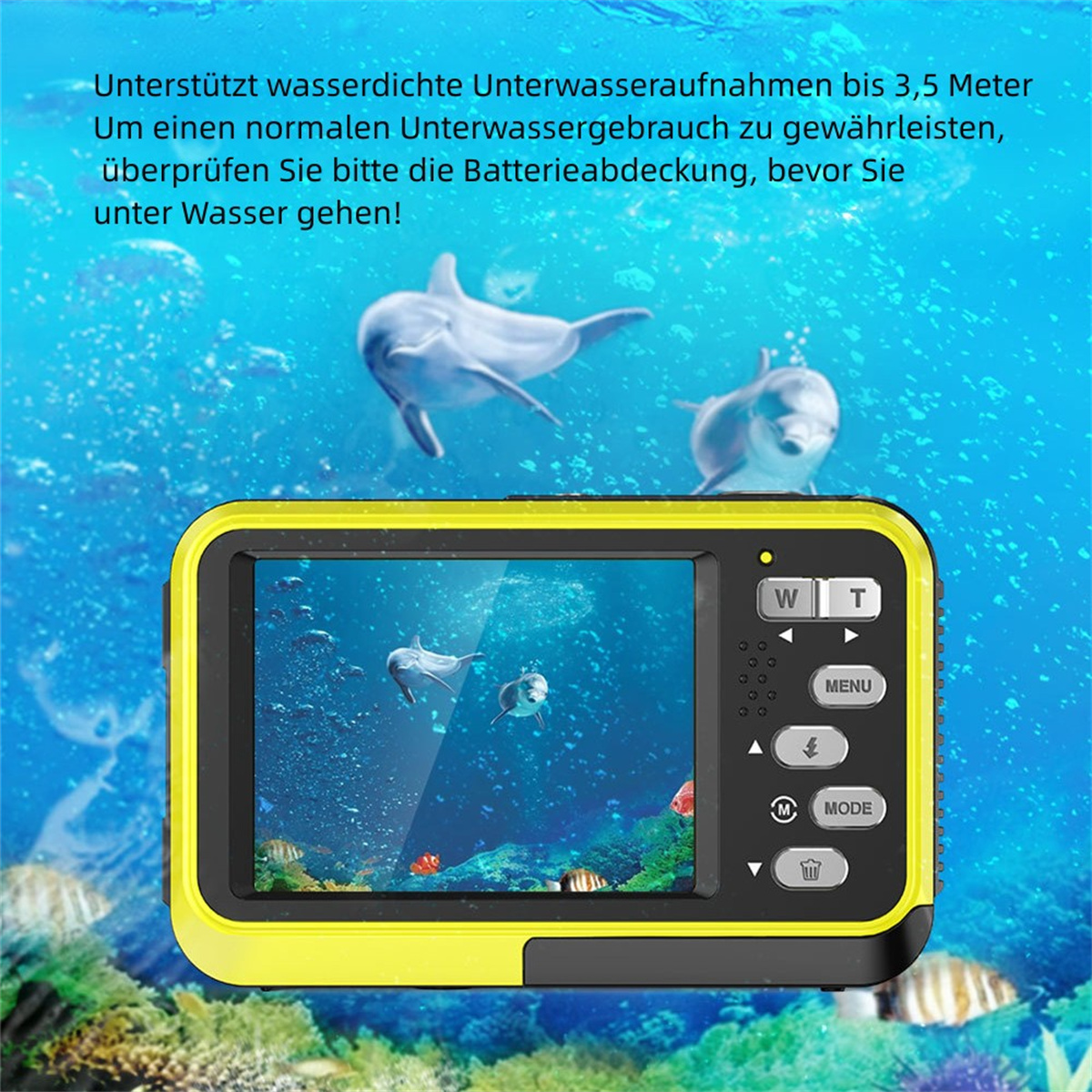 Unterwasserkamera mit Bildschirm, gelbes Gehäuse. Delfine und Fische im Hintergrund.