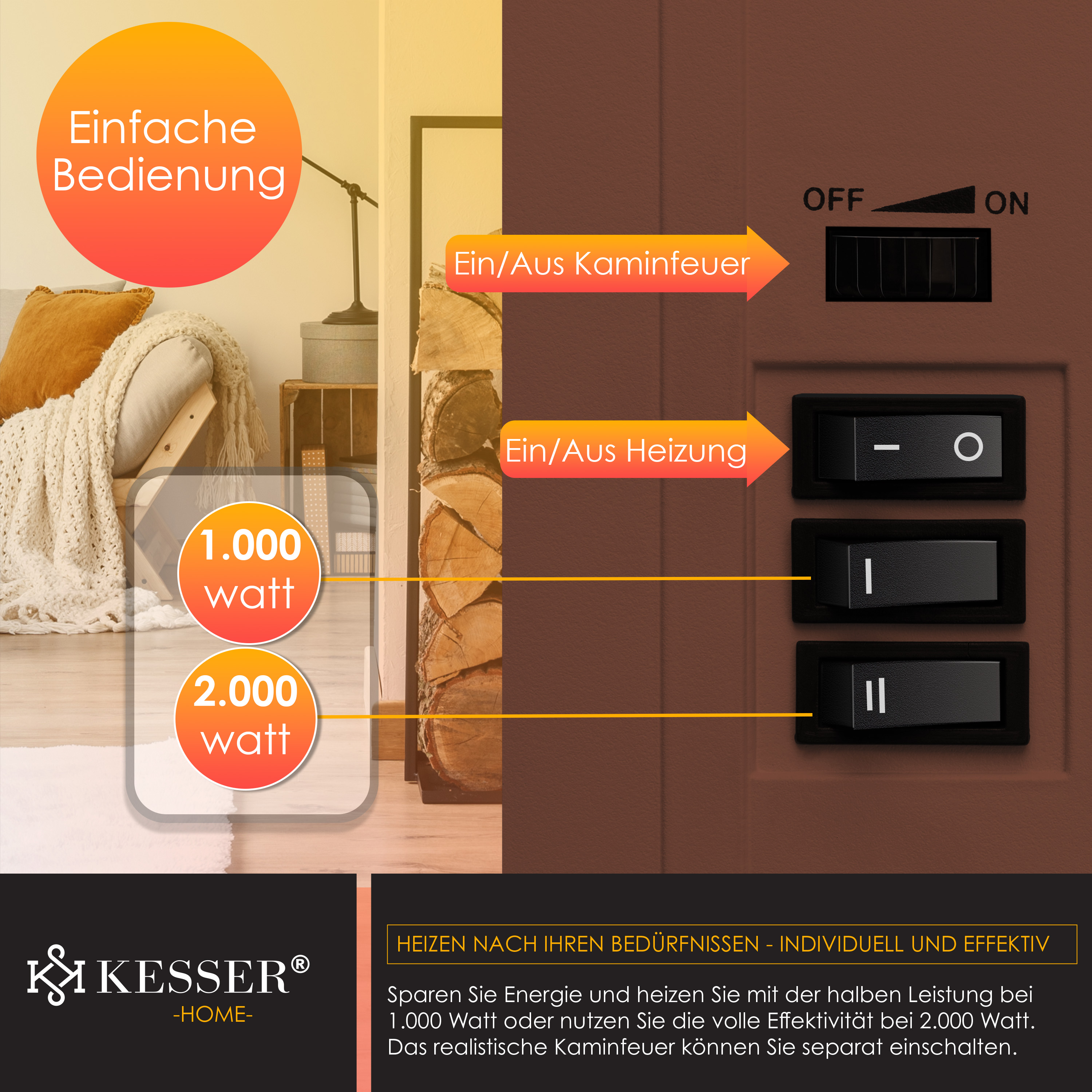 KESSER 24306 Heizlüfter Elektrischer Kamin (2000 Watt)