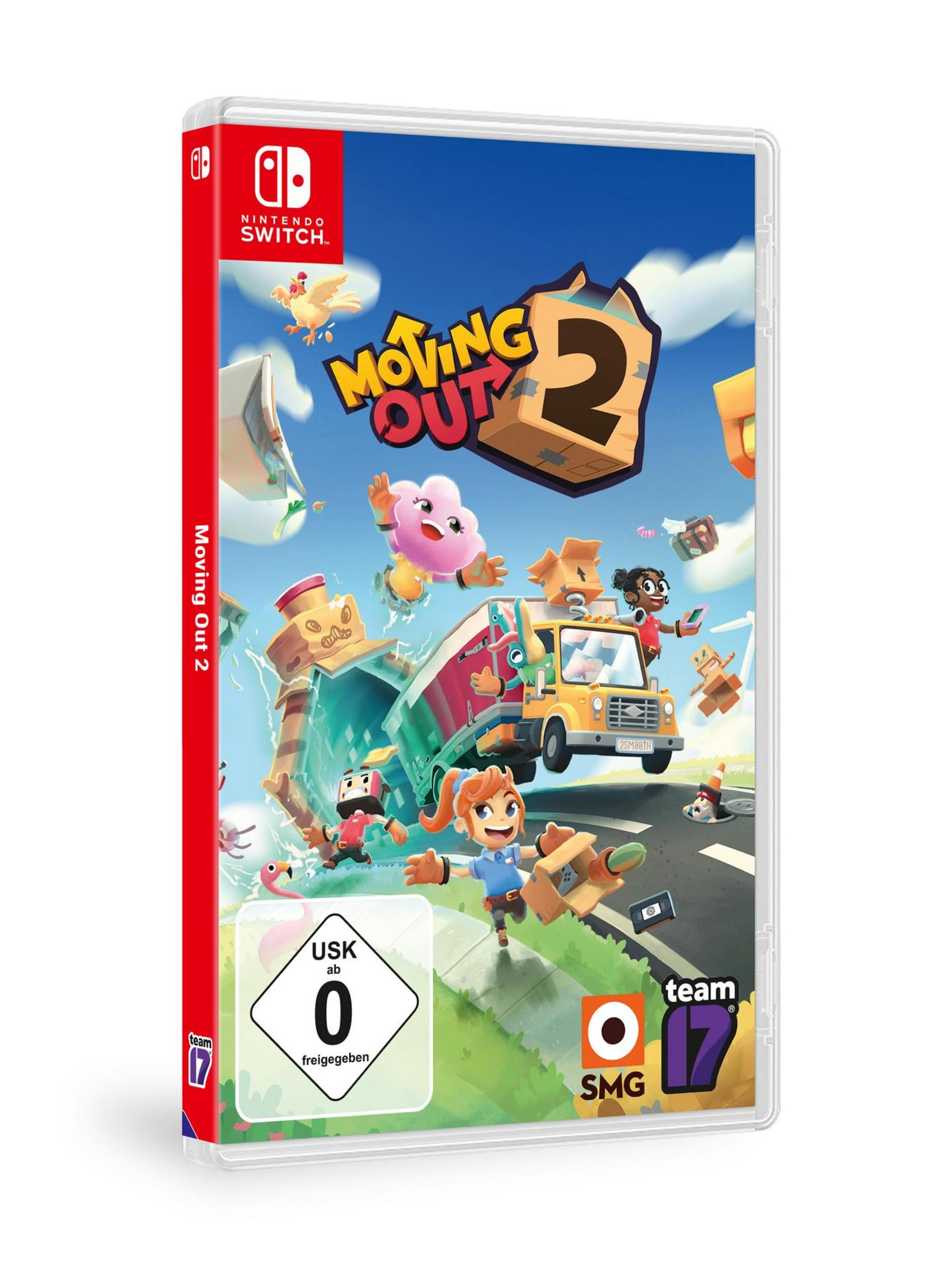 Moving Out 2-Spielbox mit weißem Hintergrund.