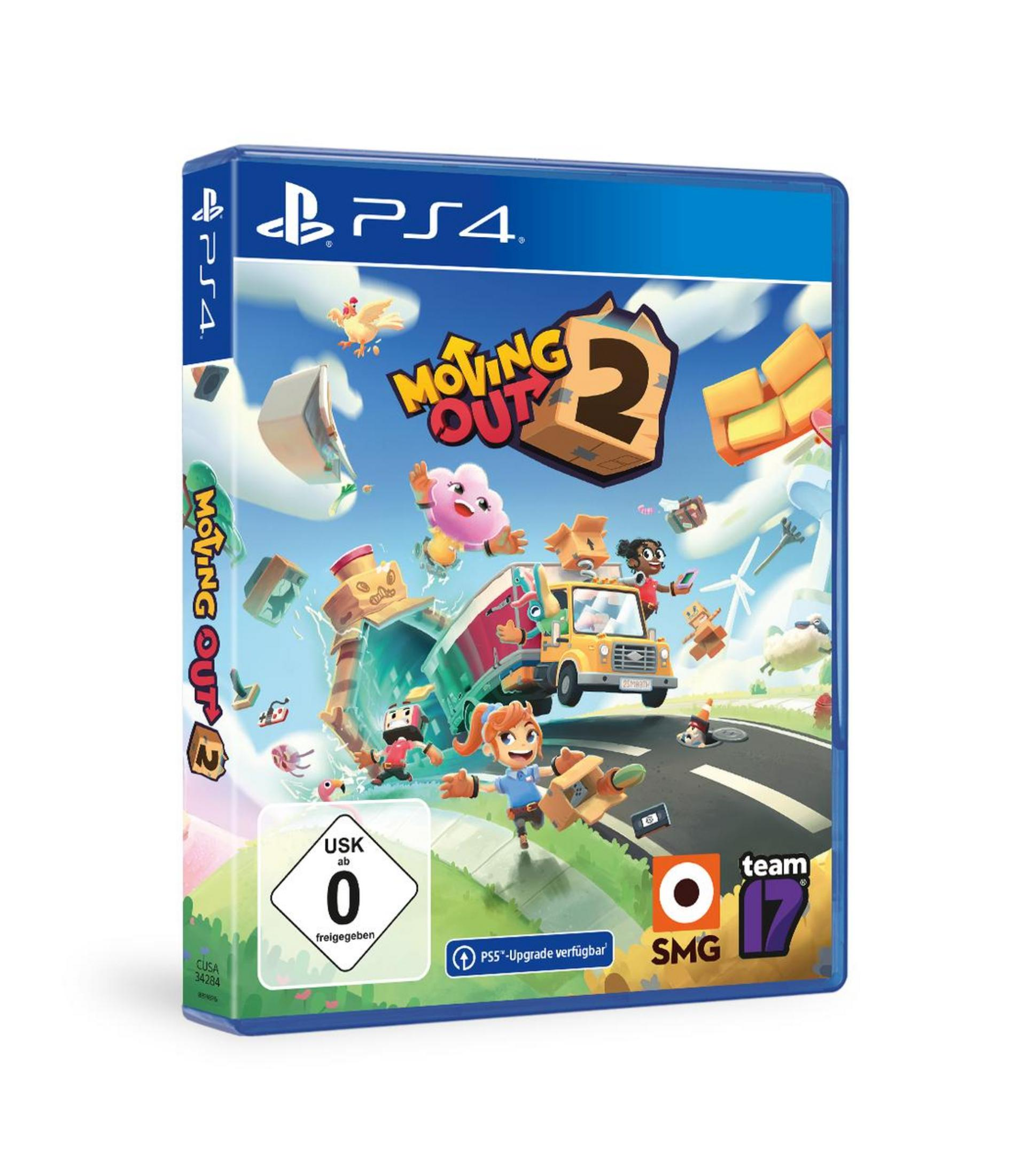 Spielbox mit bunten Grafiken. Der Titel lautet "Moving Out 2".