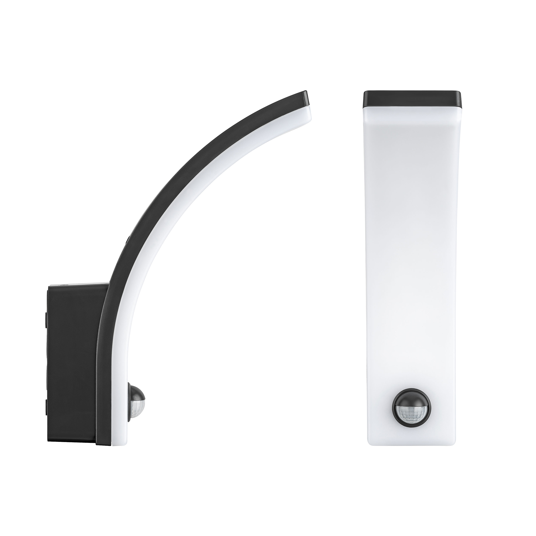 Eine moderne Wandlampe mit schwarz-weißem Design, mit Bewegungsmelder.