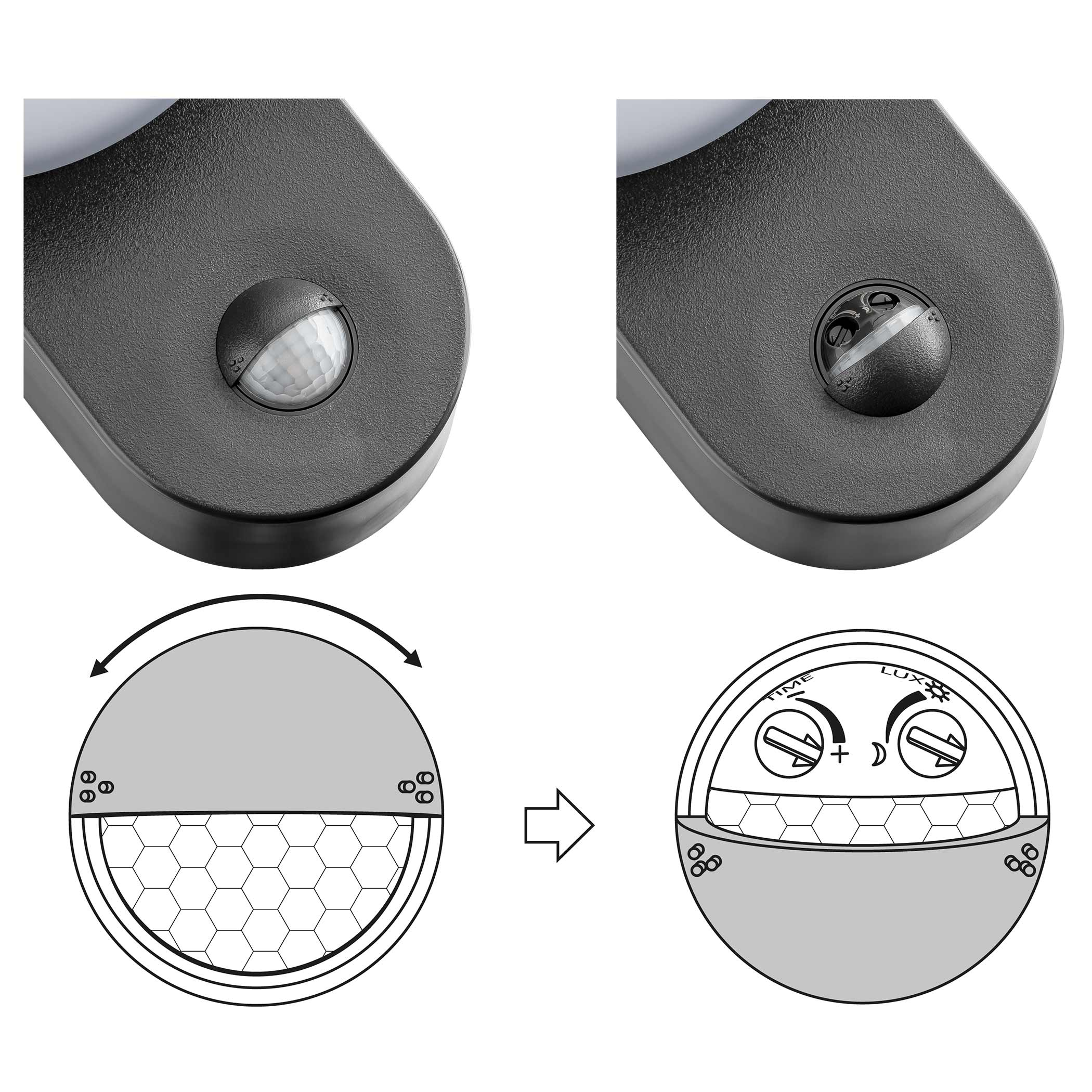 Zwei schwarze Sensorleuchten mit Pfeilen und Diagrammen.