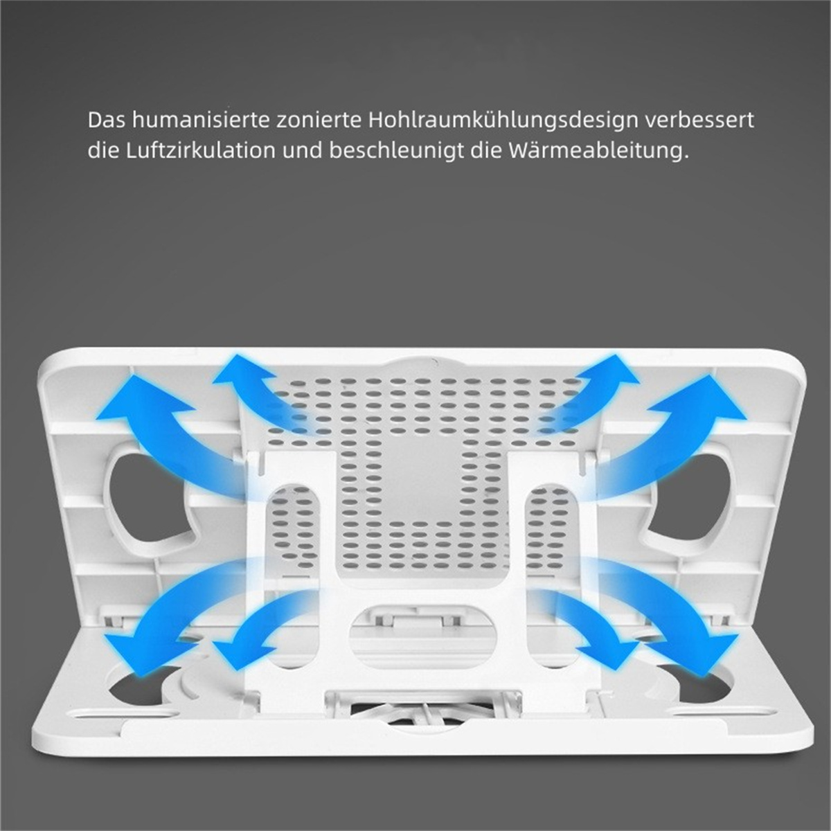 Weißer Laptopständer mit Luftstrompfeilen, auf dunklem Hintergrund.