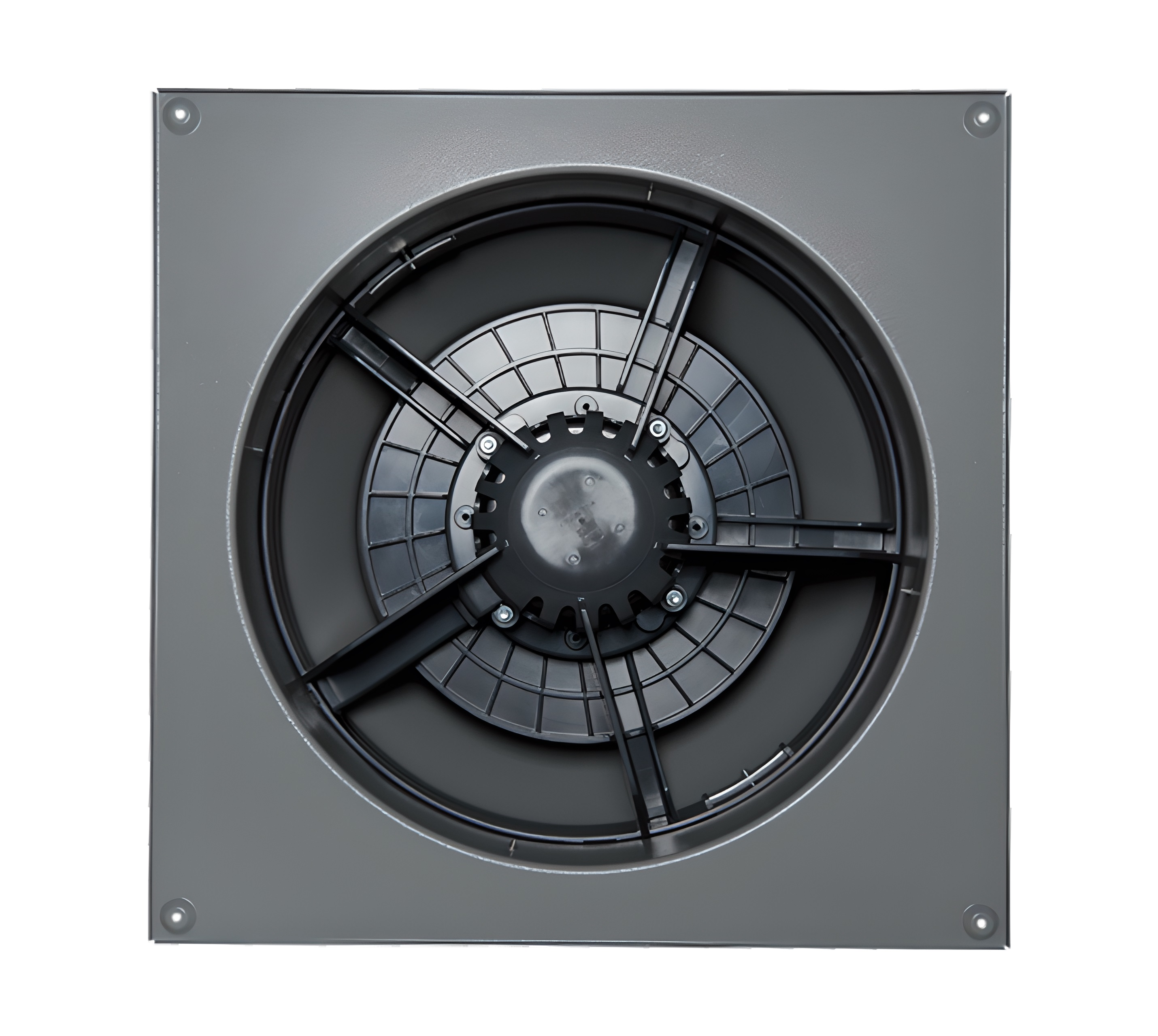 Industrieller Ventilator mit grauem quadratischen Rahmen und kreisförmiger Innenstruktur.