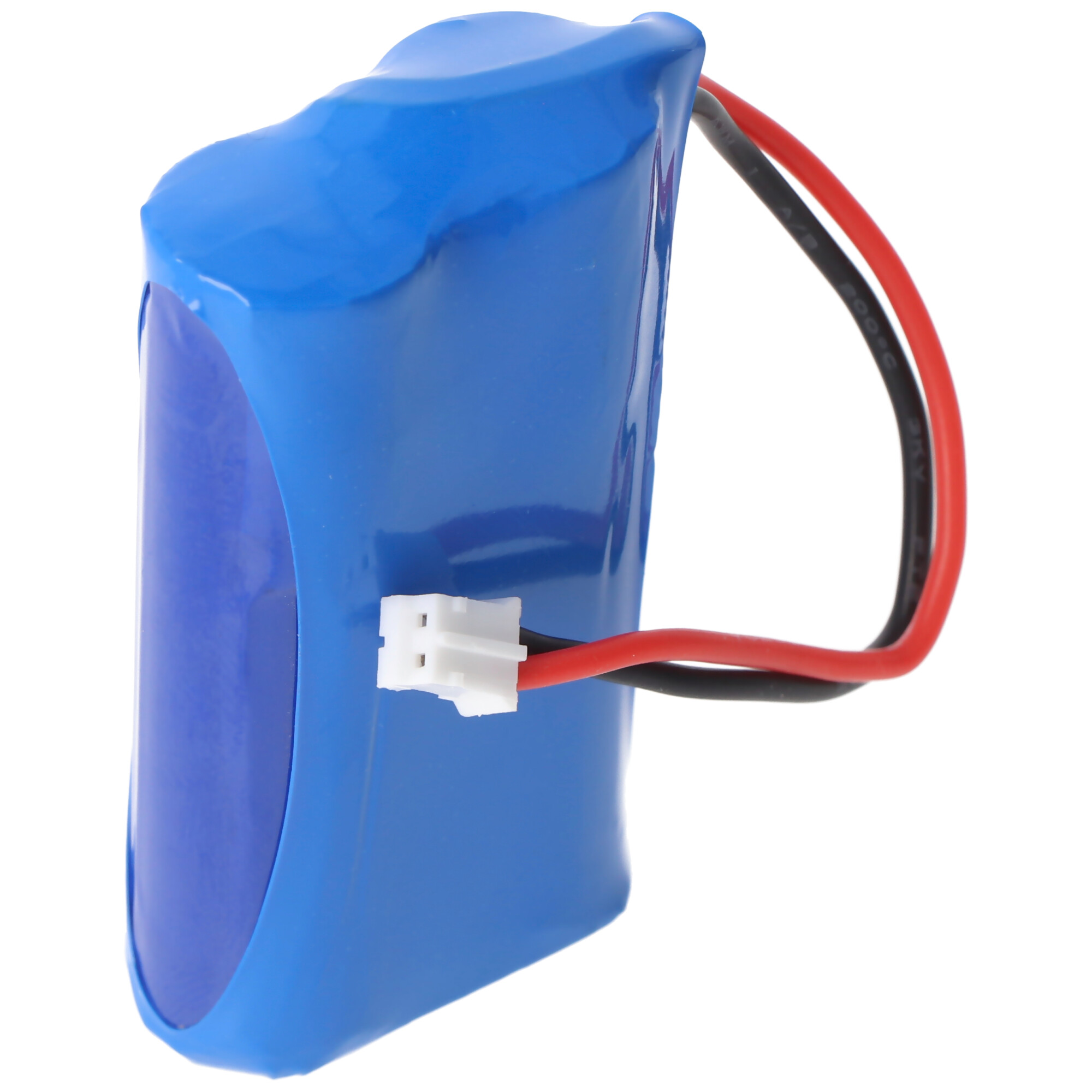Eine blaue Batterie mit schwarzen und roten Drähten und einem weißen Stecker.