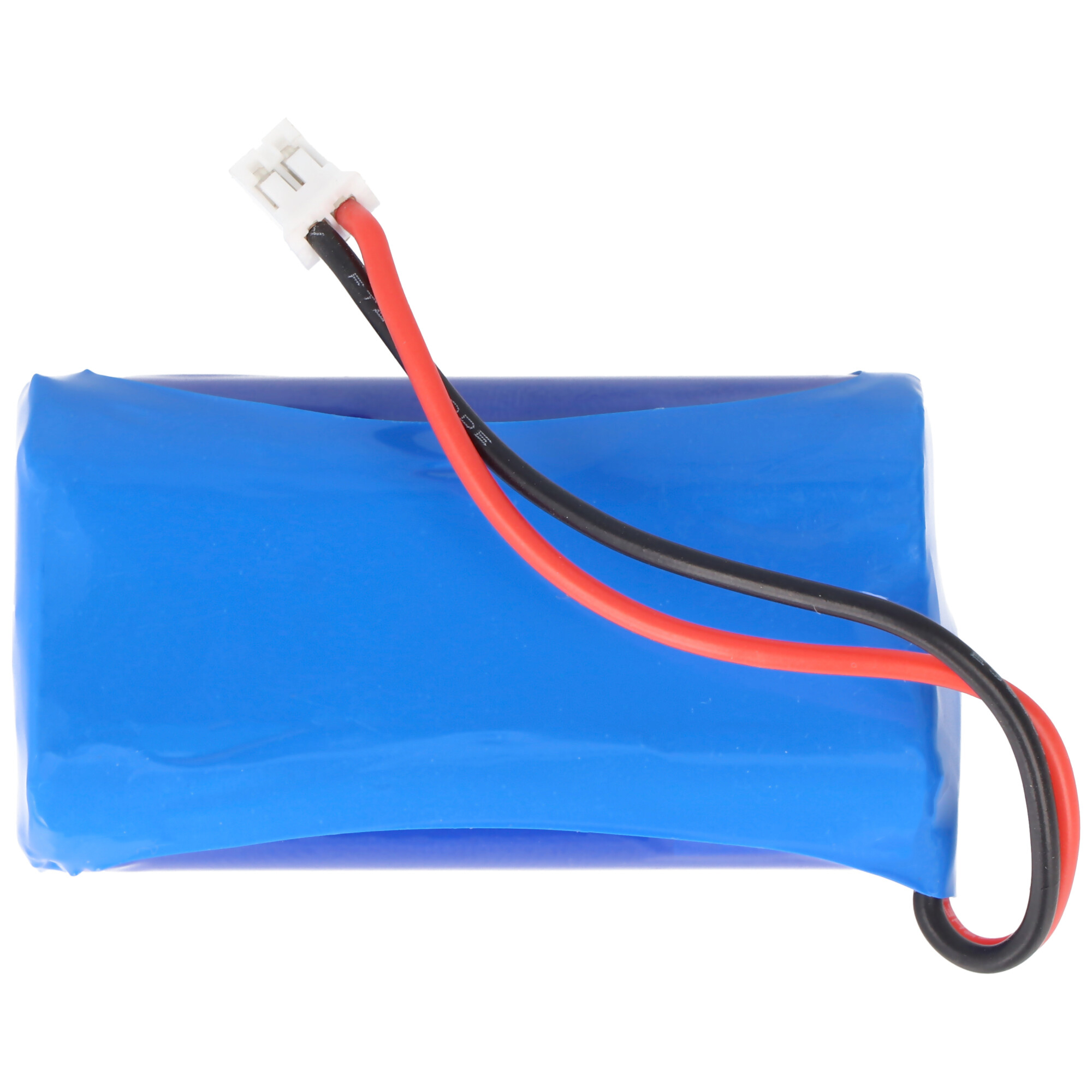 Blaue Batterie mit rotem und schwarzem Drahtanschluss. Weißer Stecker oben.