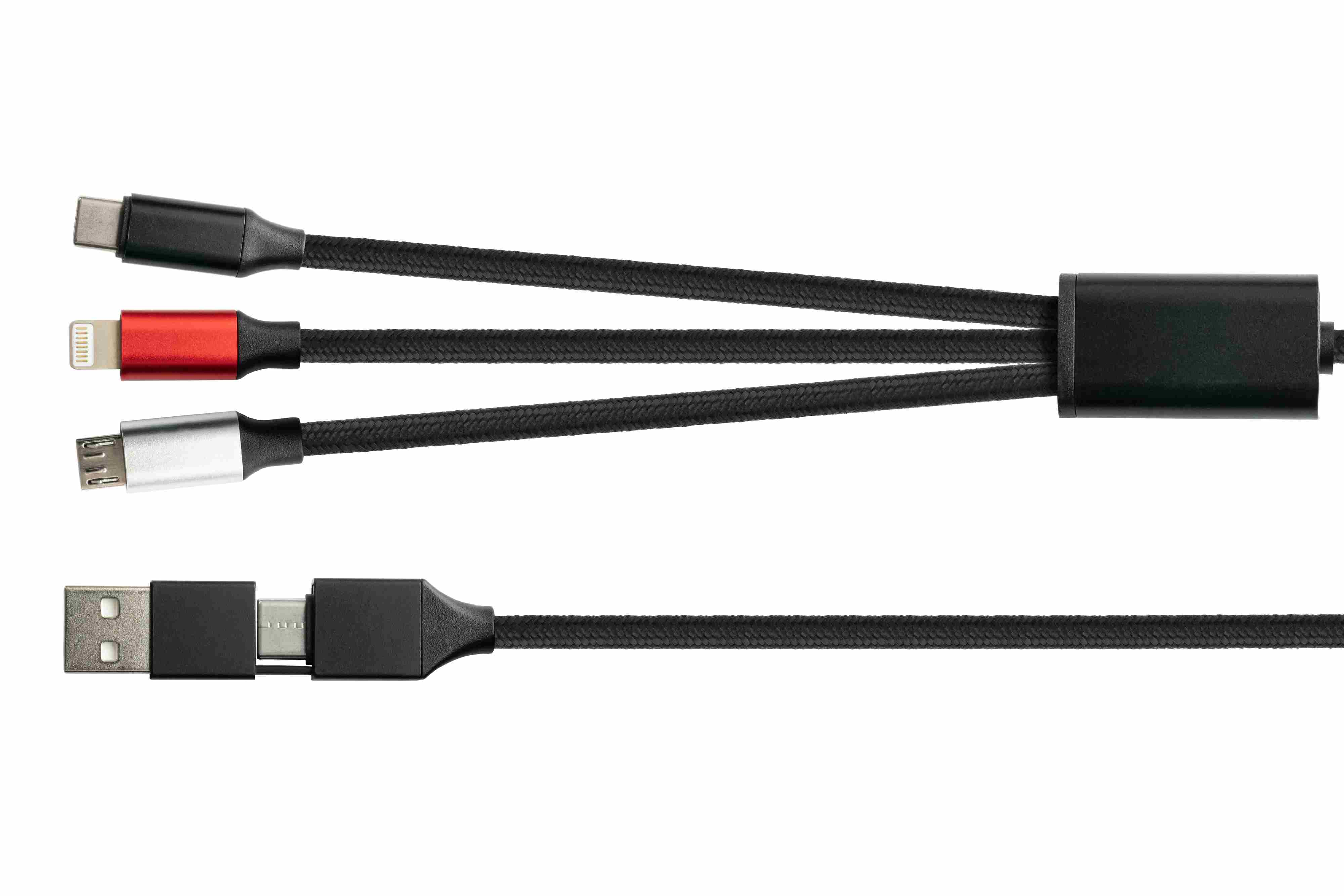 Schwarzes geflochtenes Ladekabel mit mehreren Anschlüssen: USB-C, Lightning (rot) und Micro-USB (silber).