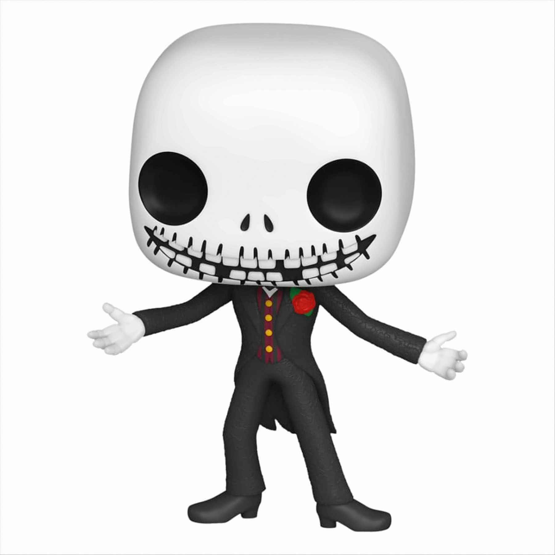 Figura di Jack Skellington in abito nero, sorridente a braccia aperte.