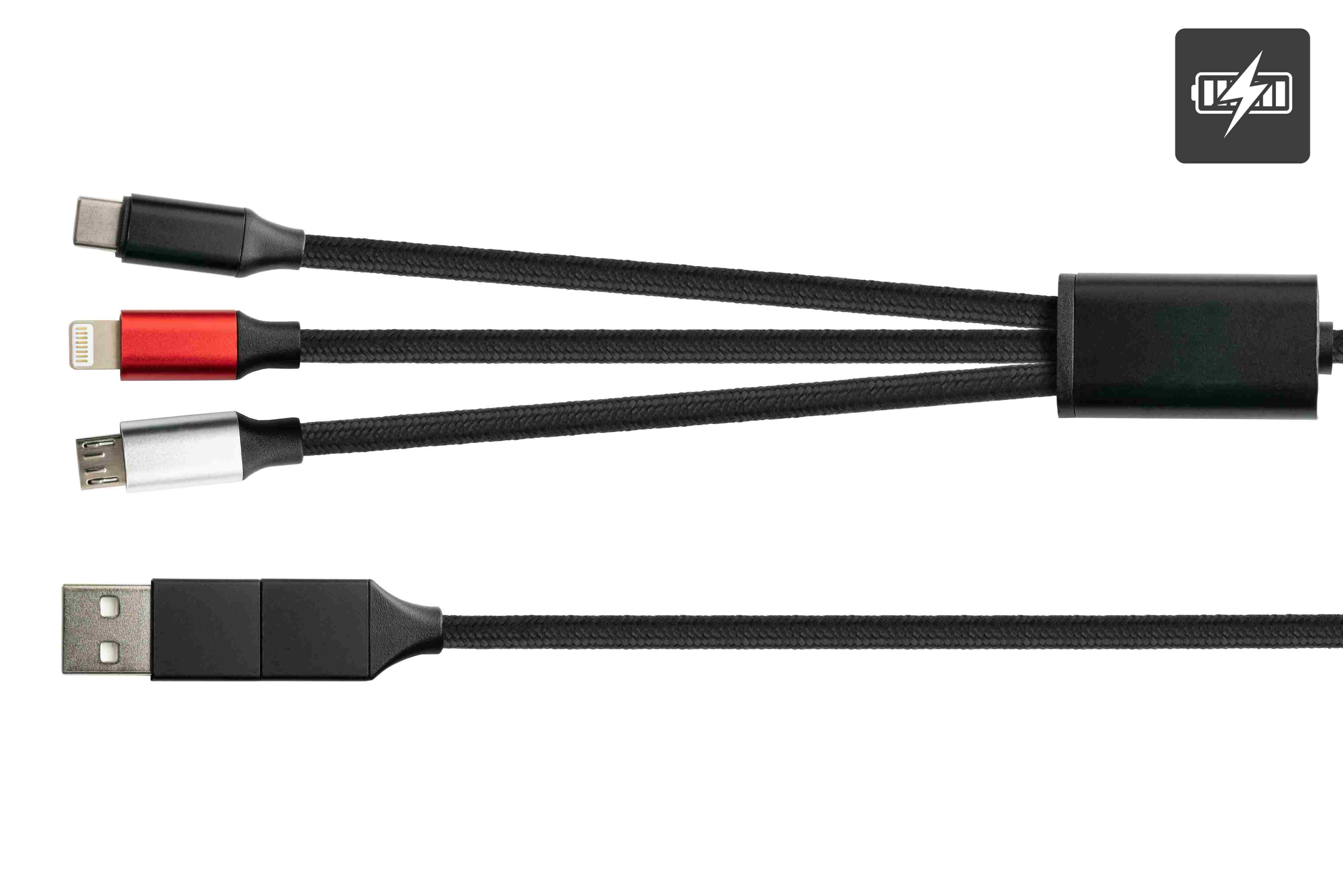 Ein Multi-Port-Ladekabel mit USB-, Lightning- und USB-C-Anschlüssen. Schwarzes Kabel, weißer Hintergrund.