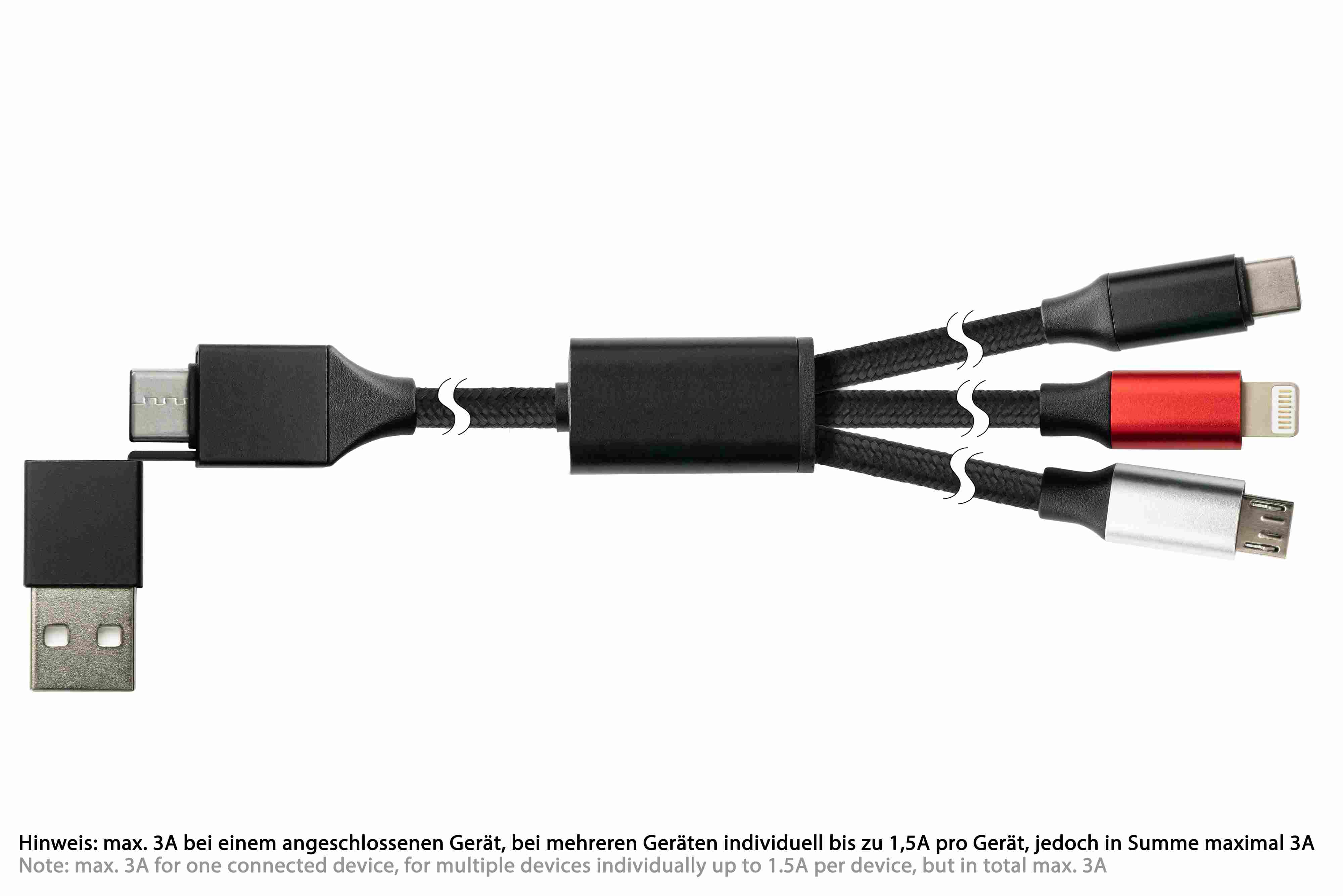 Ein Multi-Connector-USB-Kabel mit USB-, Micro-USB-, Lightning- und USB-C-Anschlüssen.