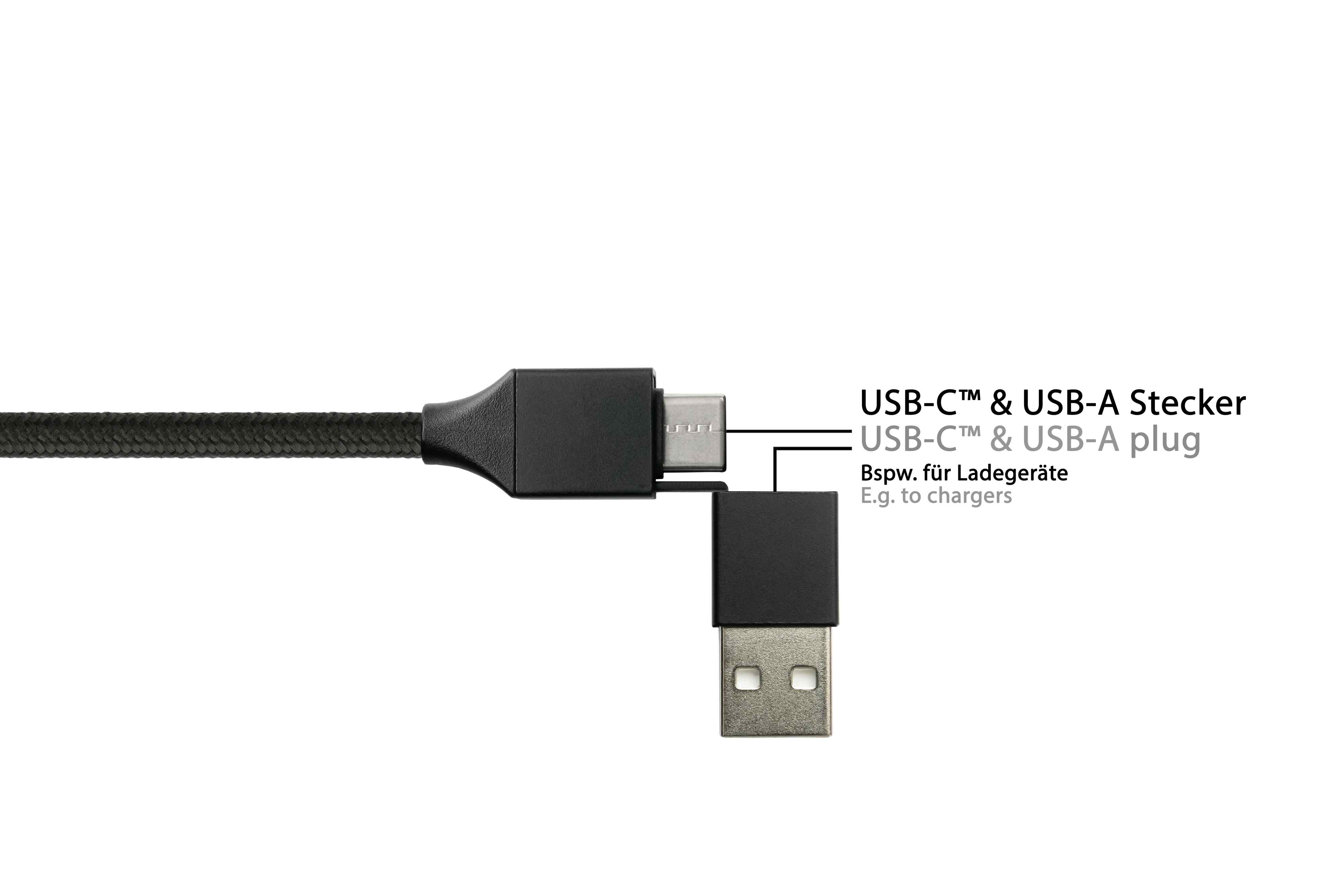 Schwarzes USB-C-Kabel mit USB-A-Adapter. Text beschriftet die Anschlüsse.