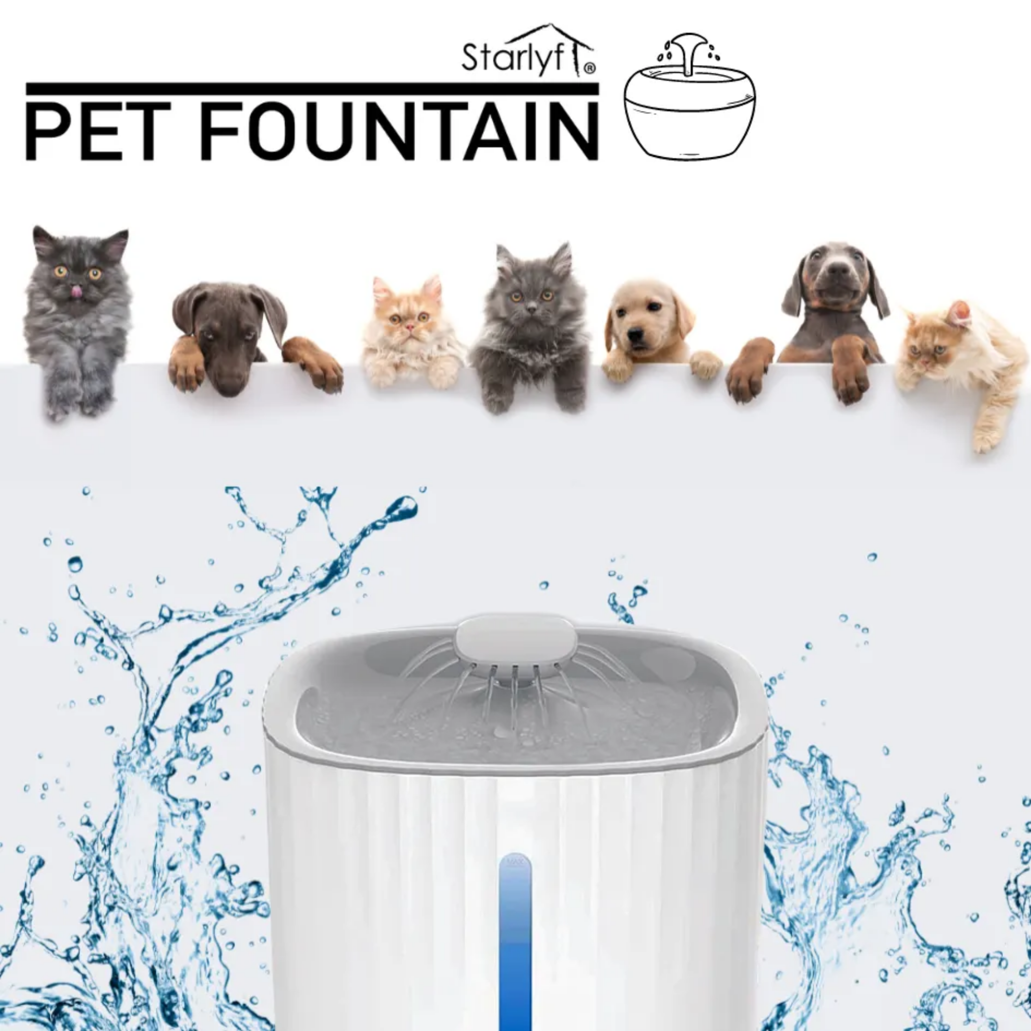 Haustierbrunnen mit Wasserspritzern. Oben sind Katzen und Hunde, die ein Schild halten.