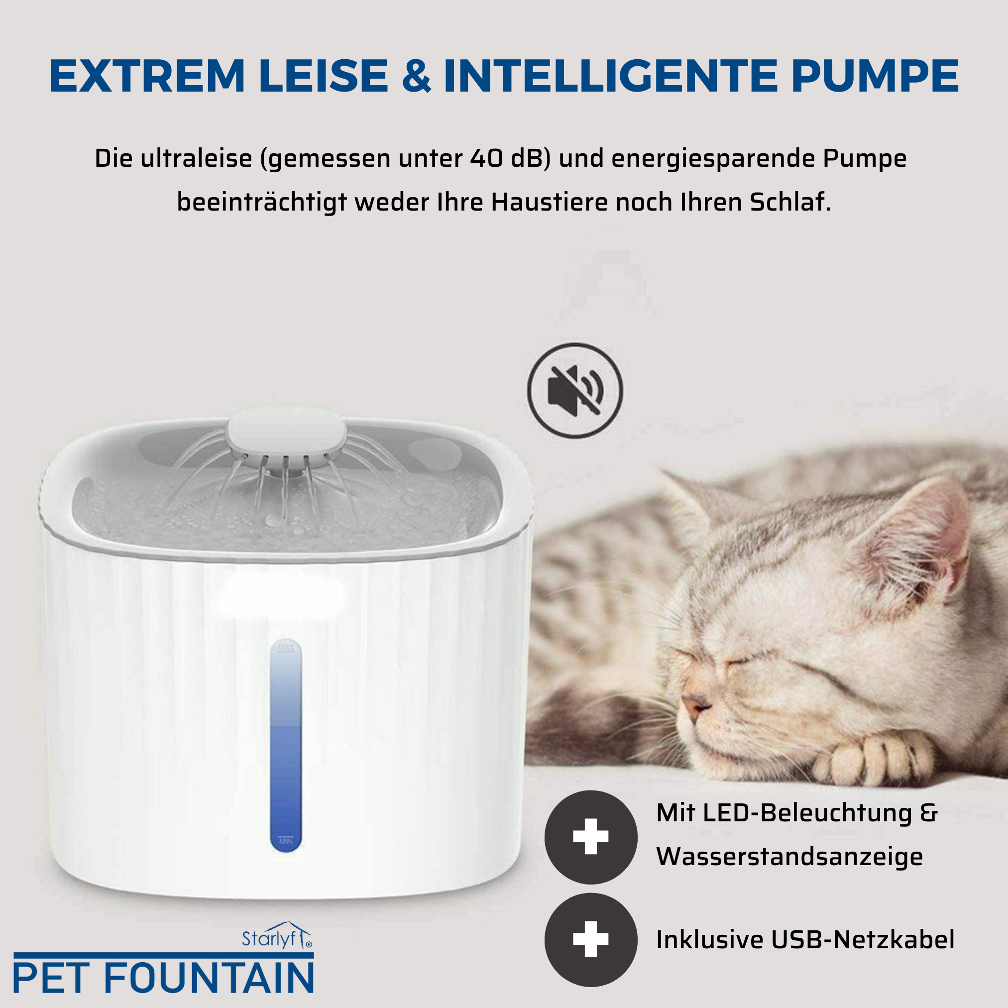 Weißer Haustierbrunnen mit schlafender Katze. Text auf Deutsch.