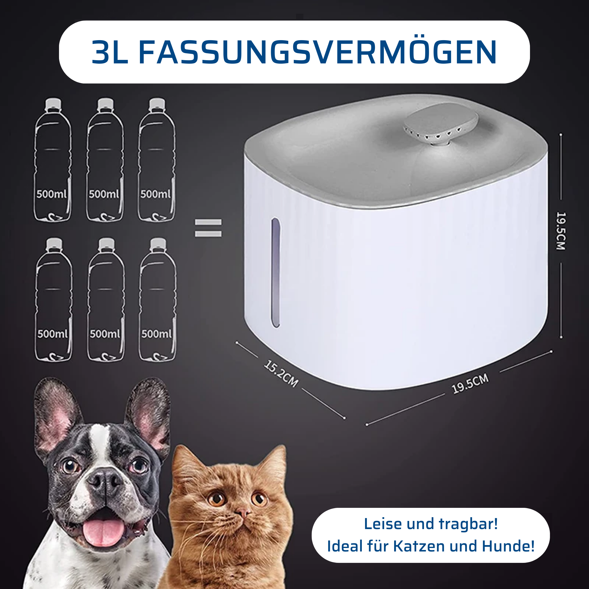 Haustier-Wasserbrunnen, neben einem Hund und einer Katze, mit Text zur Kapazität.