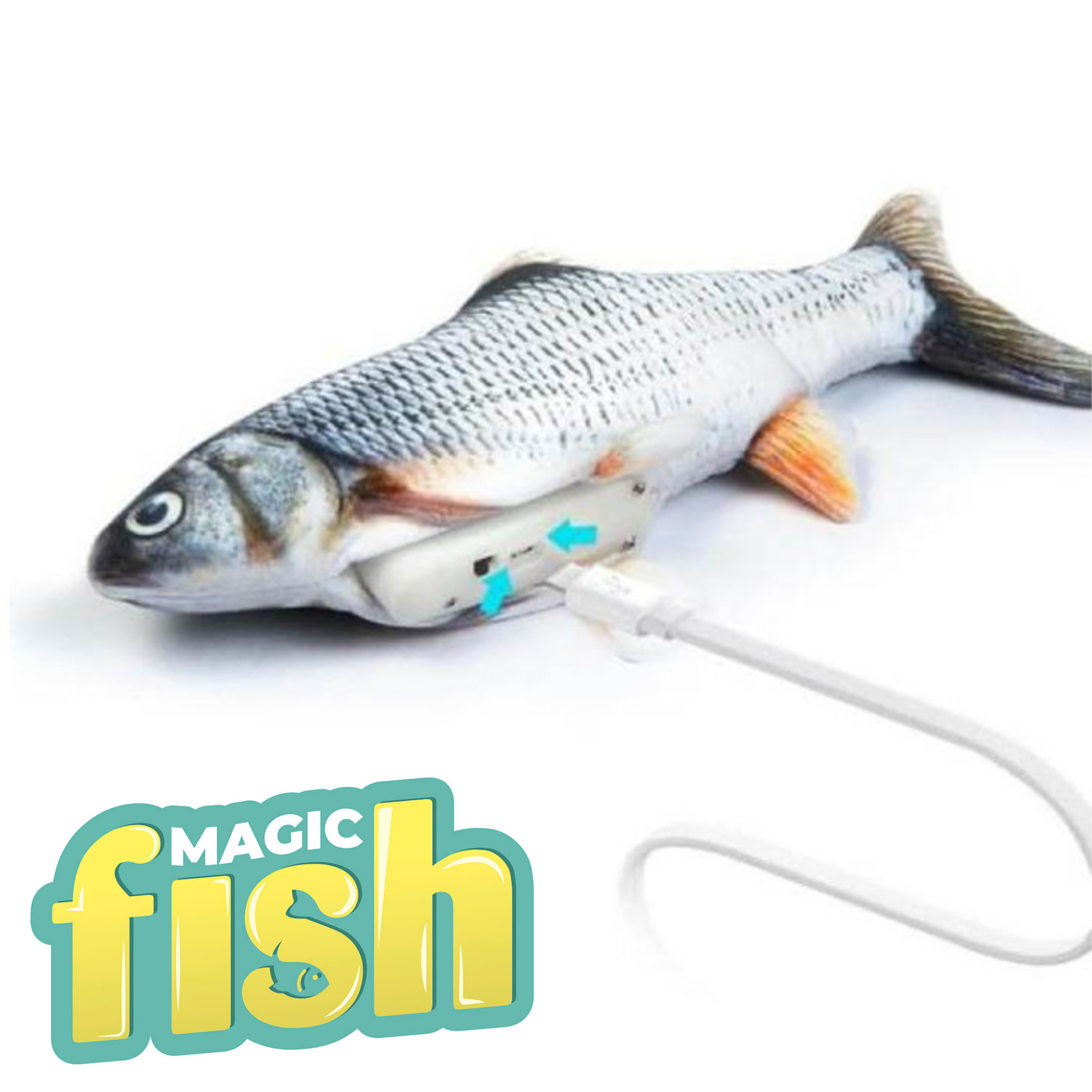 Ein Spielzeugfisch, der mit einem USB-Kabel aufgeladen wird. Weißer Körper, orangefarbene Flossen und das Magic Fish Logo.