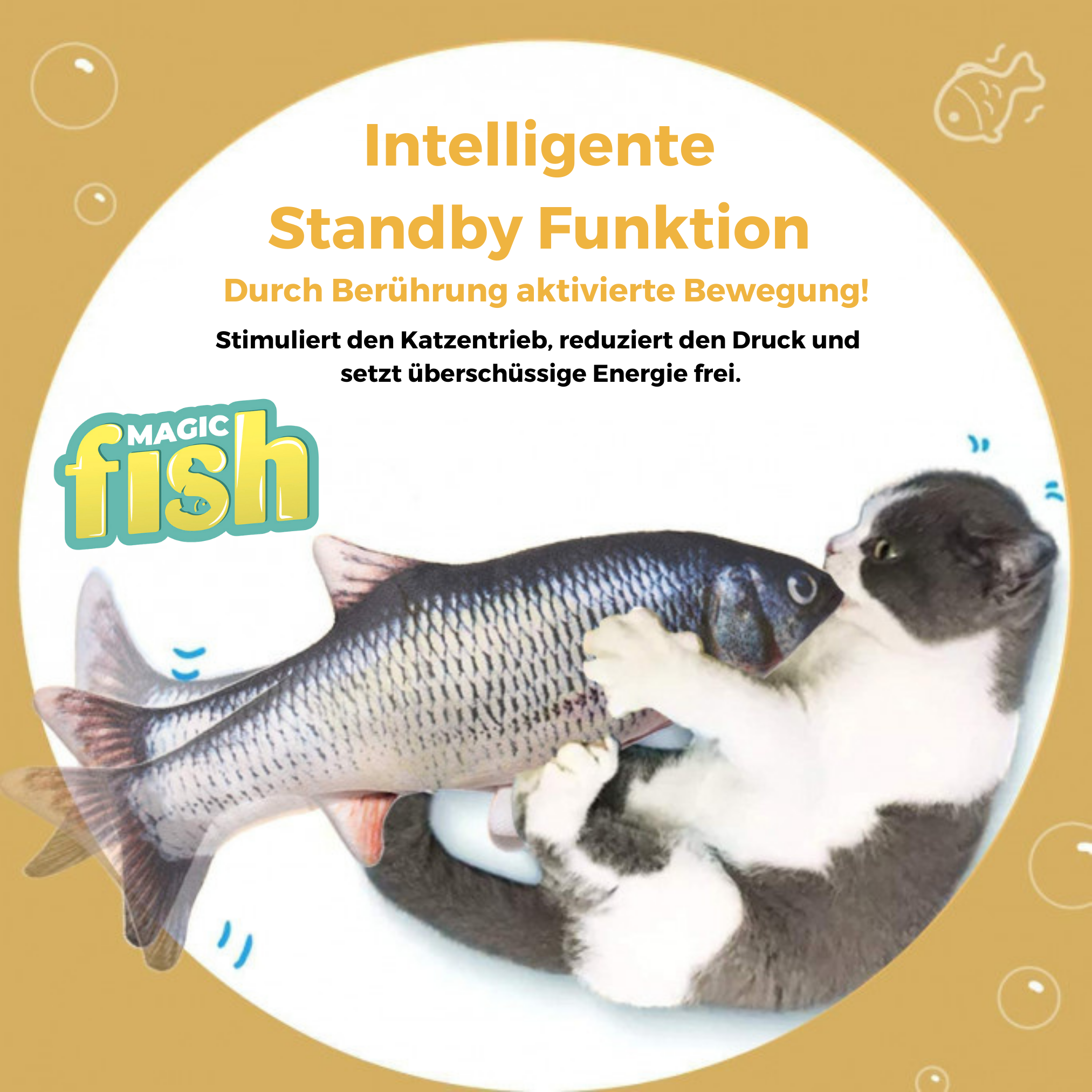 Eine Katze spielt mit einem fischförmigen Spielzeug. Text zeigt, dass es Jagdinstinkte weckt.