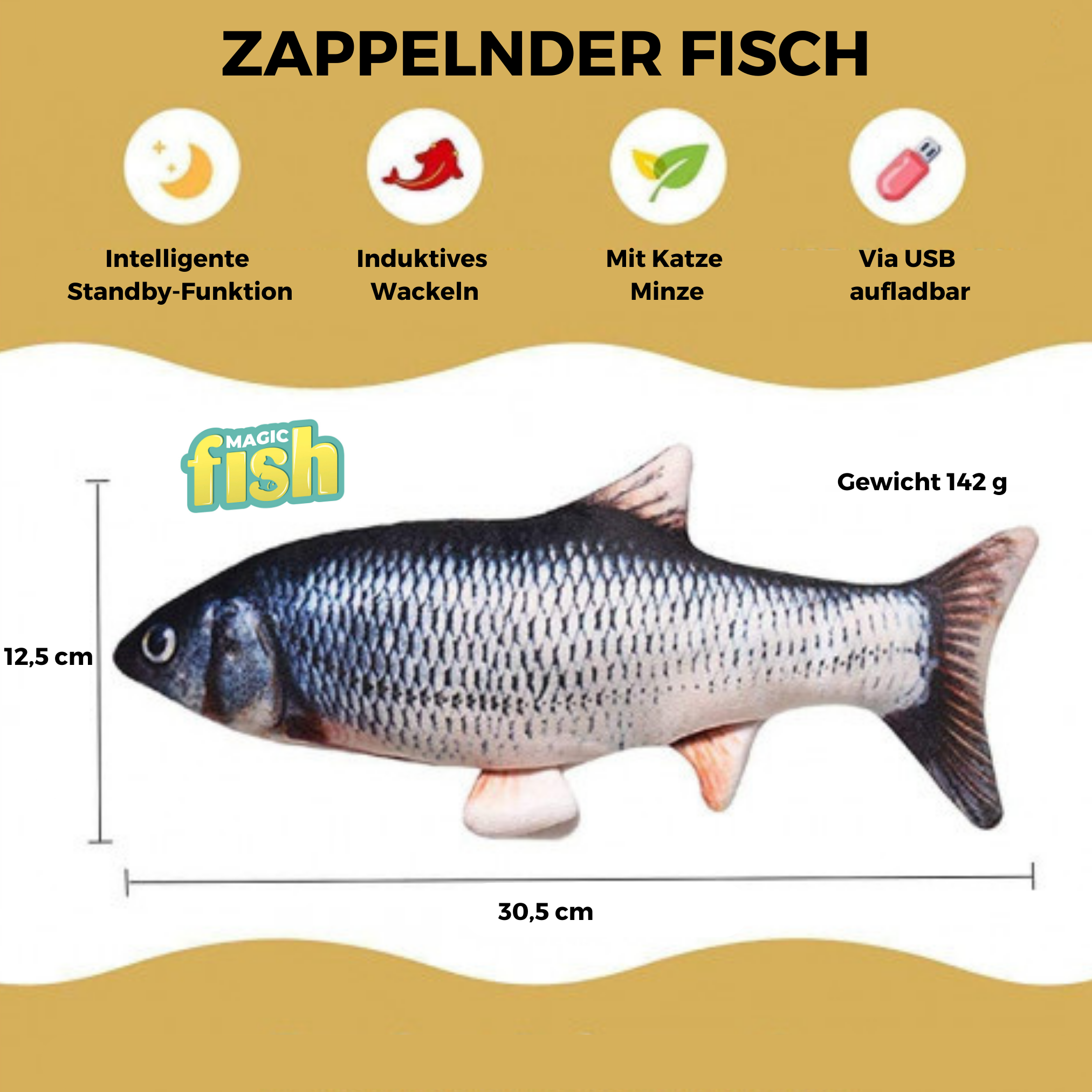 Ein Spielzeugfisch mit Abmessungen und Symbolen, die Funktionen anzeigen.