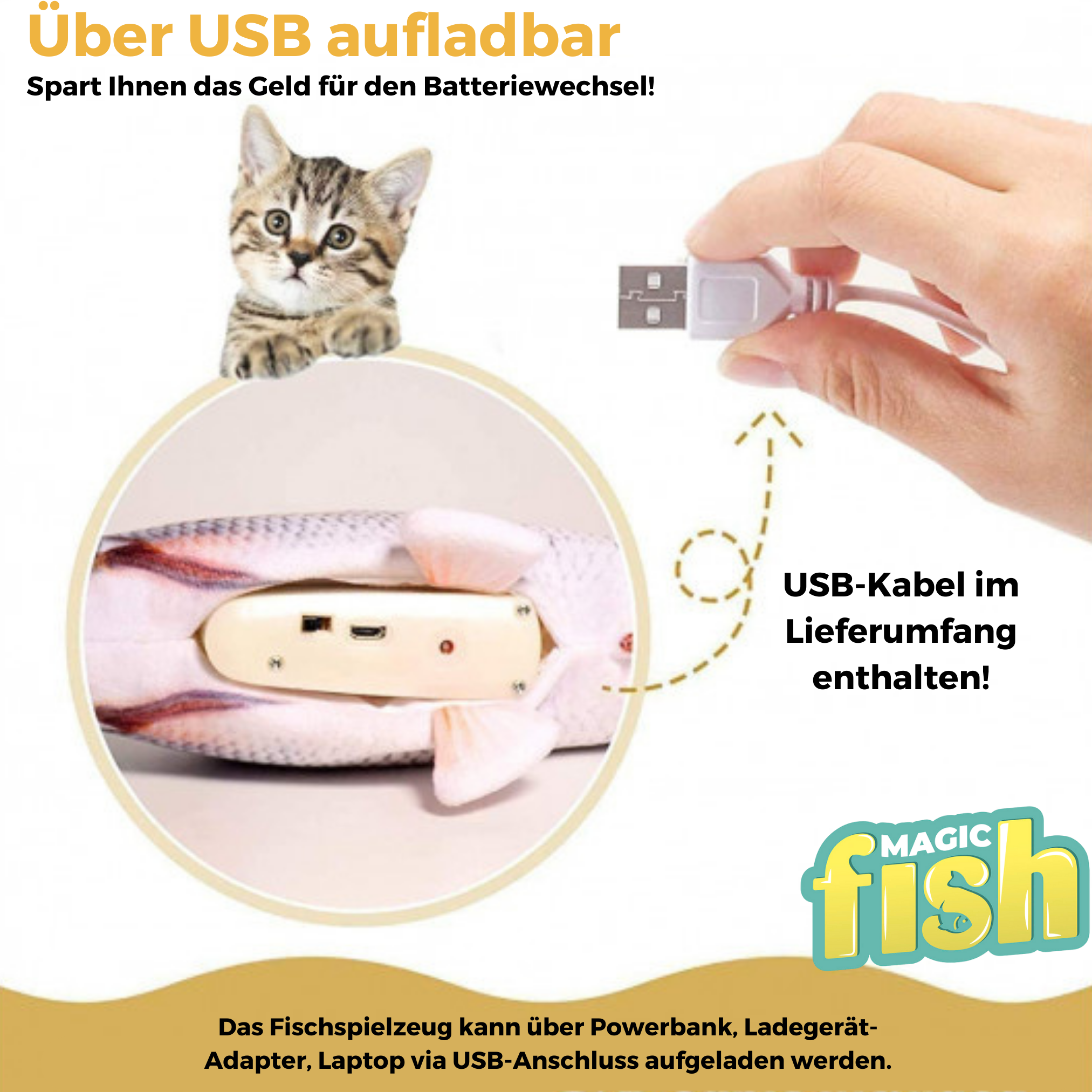 Ein Plüschfischspielzeug mit USB-Ladeanschluss. Eine Katze ist daneben zu sehen, ein USB-Kabel ist enthalten.