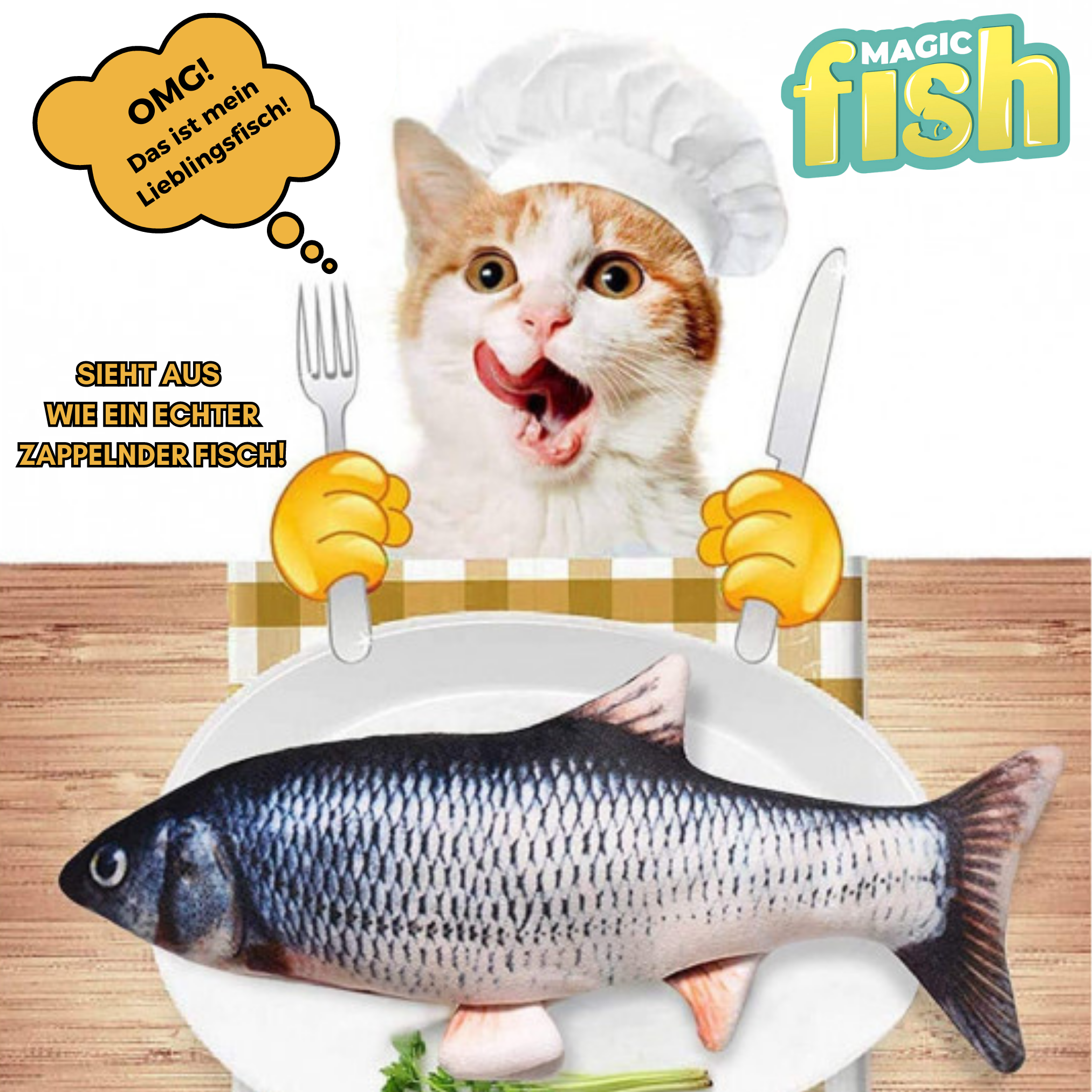 Eine Katze mit Kochmütze hält Gabel und Messer über einem Fisch auf einem Teller.