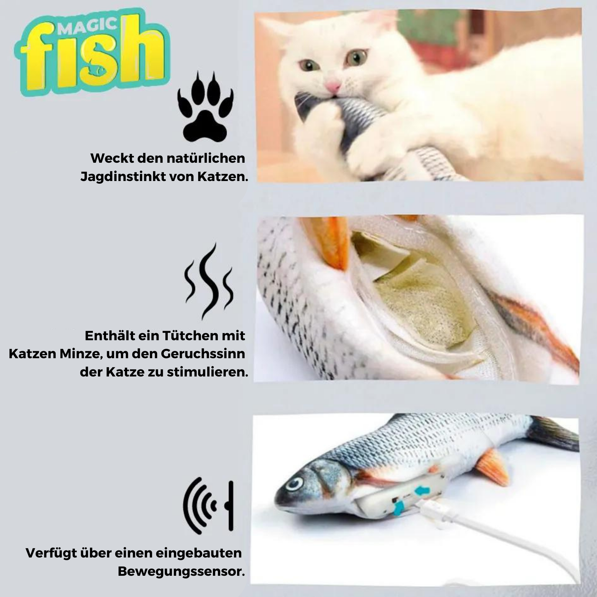 Ein Katzenspielzeug in Form eines Fisches, mit einer weißen Katze, die damit spielt. Enthält Text und Grafiken.