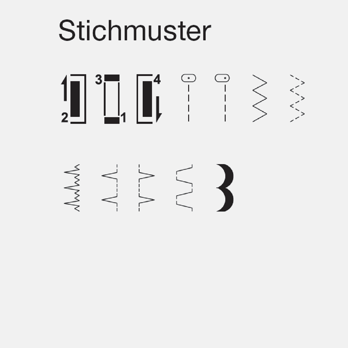 Nähmaschinenstichmuster, verschiedene Typen. Illustration auf grauem Hintergrund.
