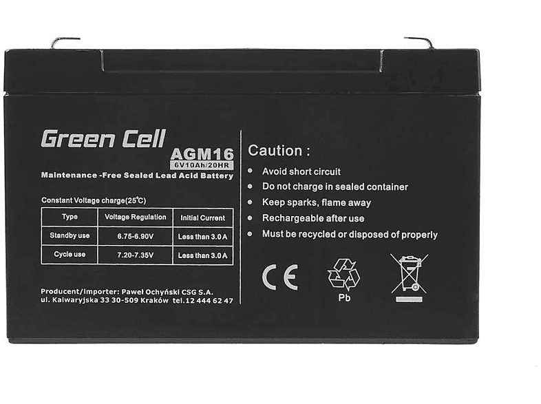 10 Kinderfahrzeug-Batterie, mAh CELL AGM16 GREEN VRLA AGM