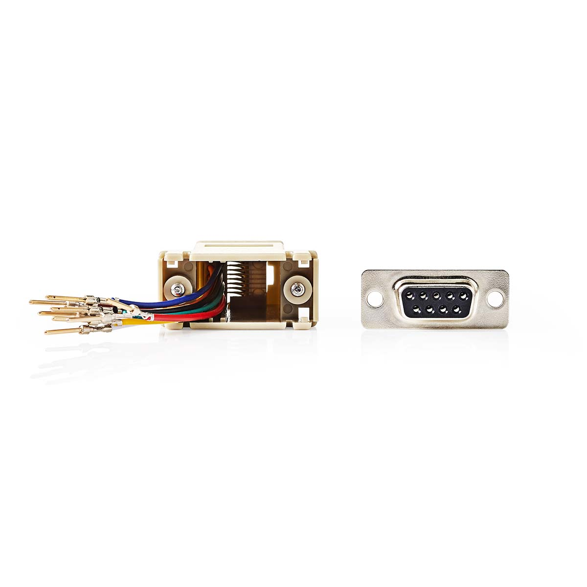 Connettore DB9 con fili e connettore maschio separato su sfondo bianco.