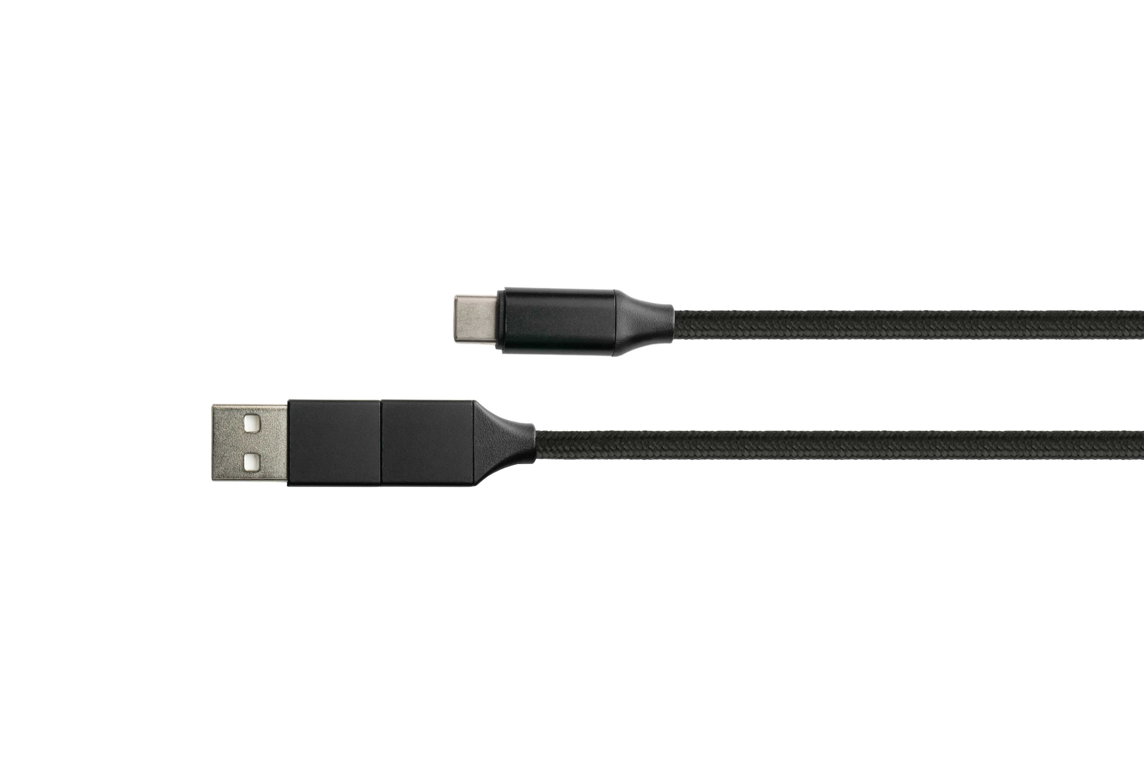 Schwarzes USB-C-zu-USB-Kabel, zeigt beide Enden des Kabels auf weißem Hintergrund.