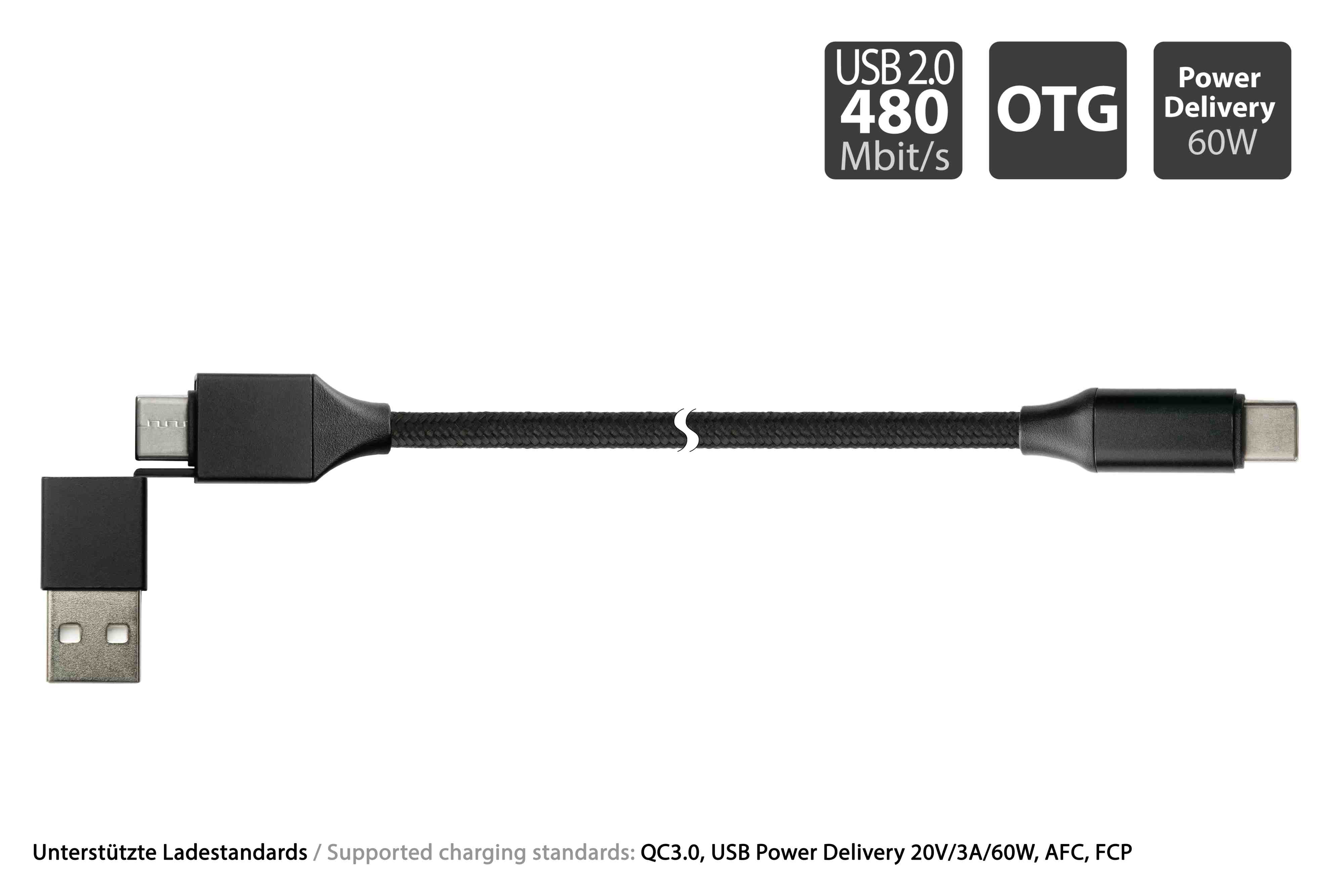 Schwarzes USB-C-Kabel mit USB- und USB-C-Anschlüssen, mit USB 2.0, OTG und Power Delivery Symbolen.