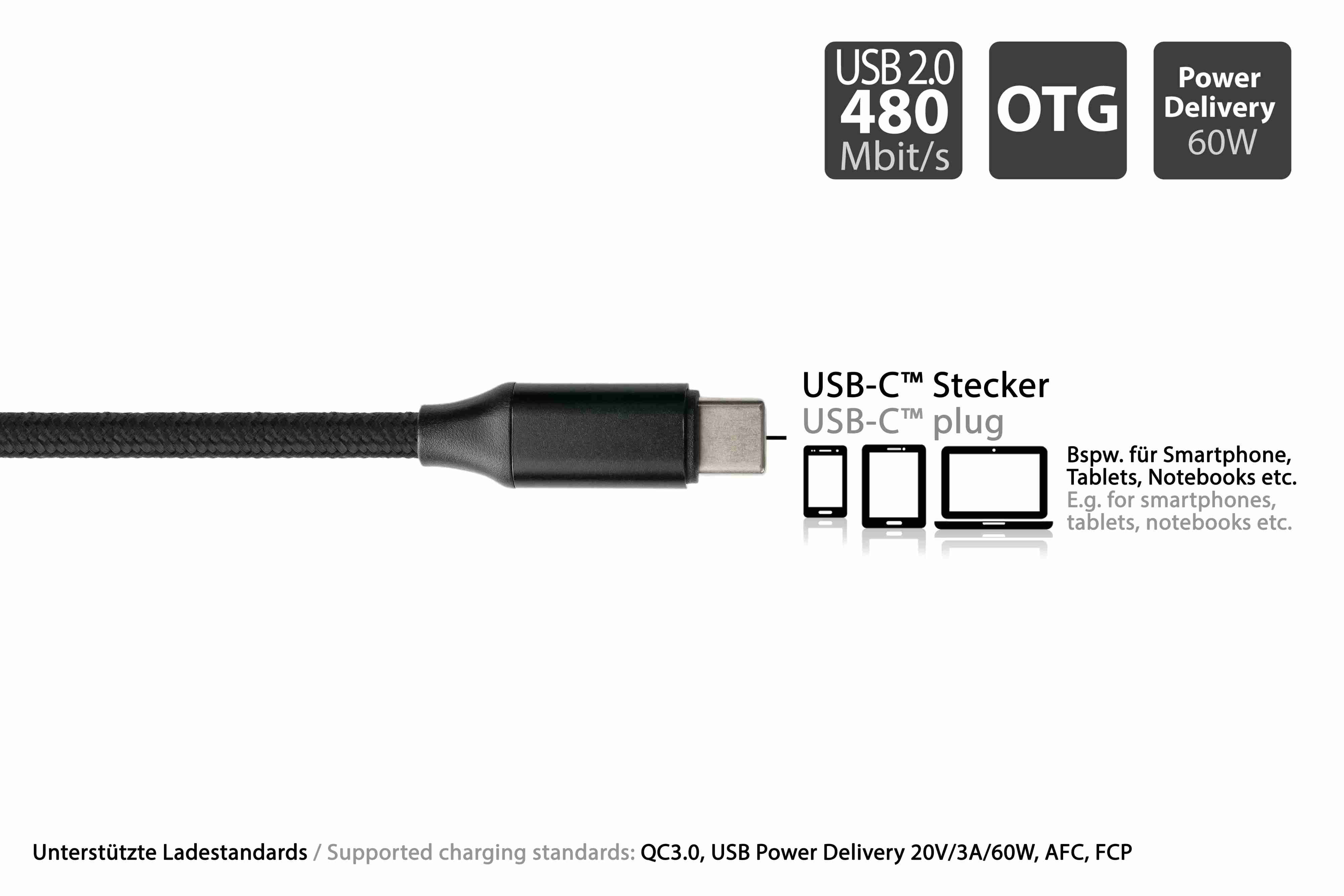 USB-C-Kabel mit Stecker und Spezifikationen: USB 2.0, OTG, Power Delivery 60W und Geräte-Icons.