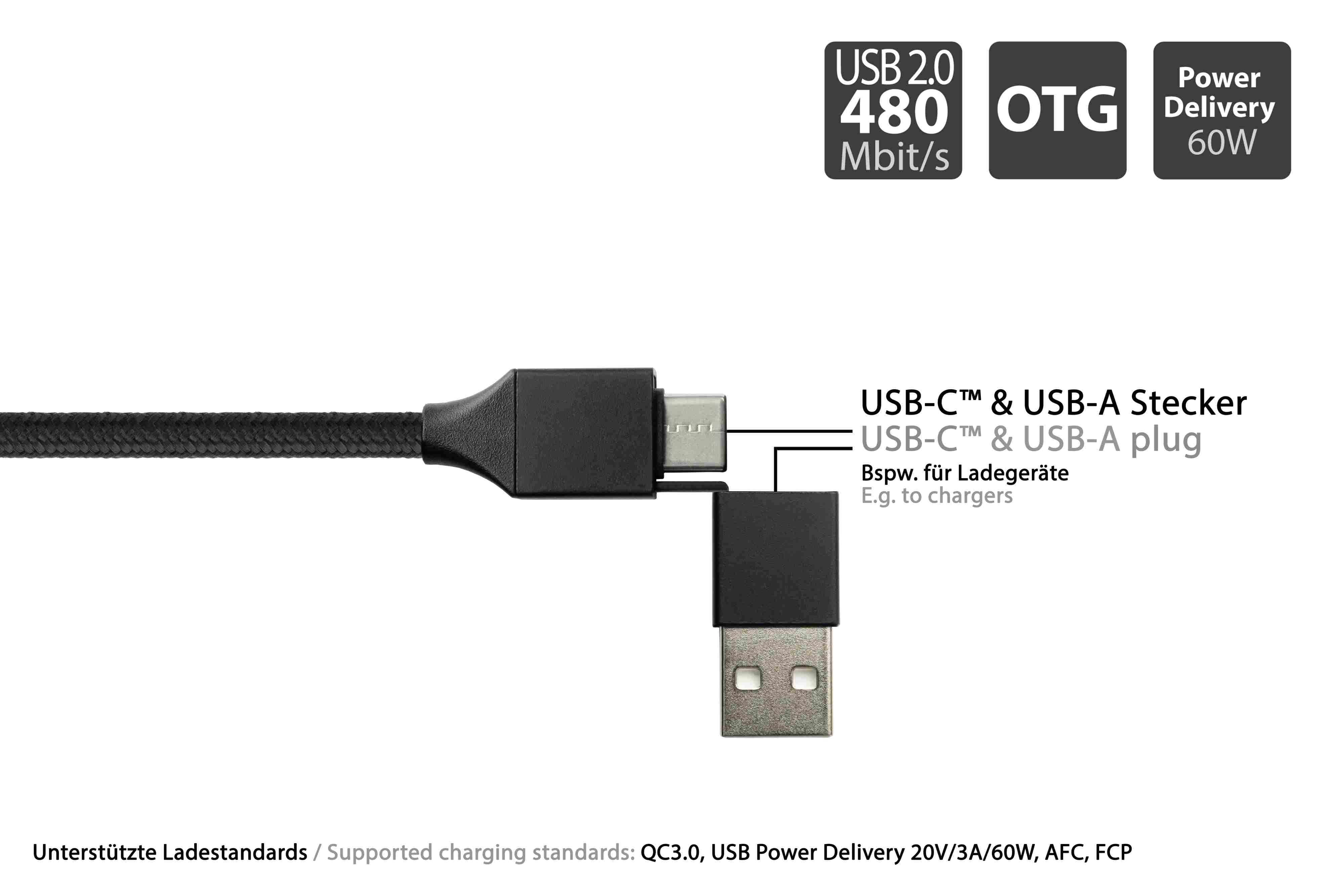 Schwarzes USB-C-Kabel mit USB-A-Stecker und Labels für USB 2.0, OTG und Power Delivery 60W.