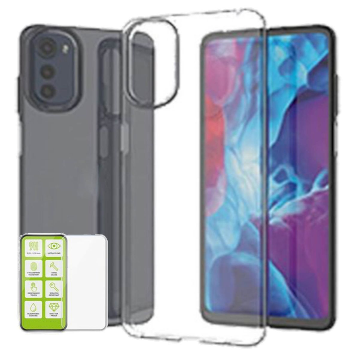 WIGENTO Produktset Silikon Moto Hülle Transparent Backcover, dünn E32, Hartglas Motorola, Schutz + Panzer H9 Folie