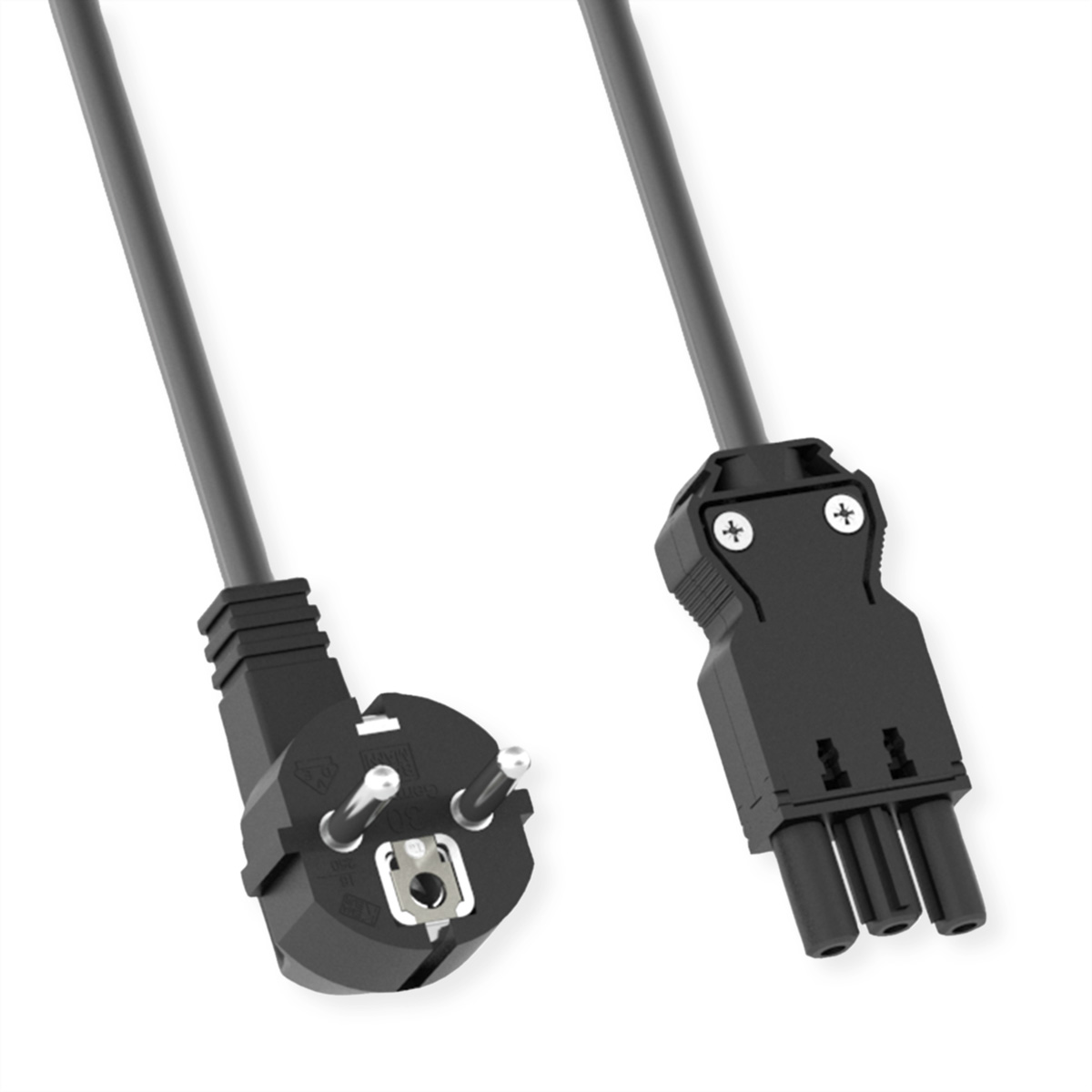 Cable de alimentación negro con enchufe europeo y conector. Fondo blanco.